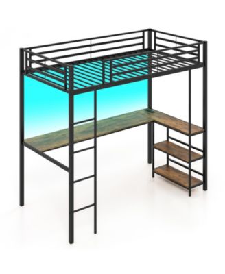 Twin Size Loft Bed Raised Platform Bed with Desk and 2 Storage Shelves, Black