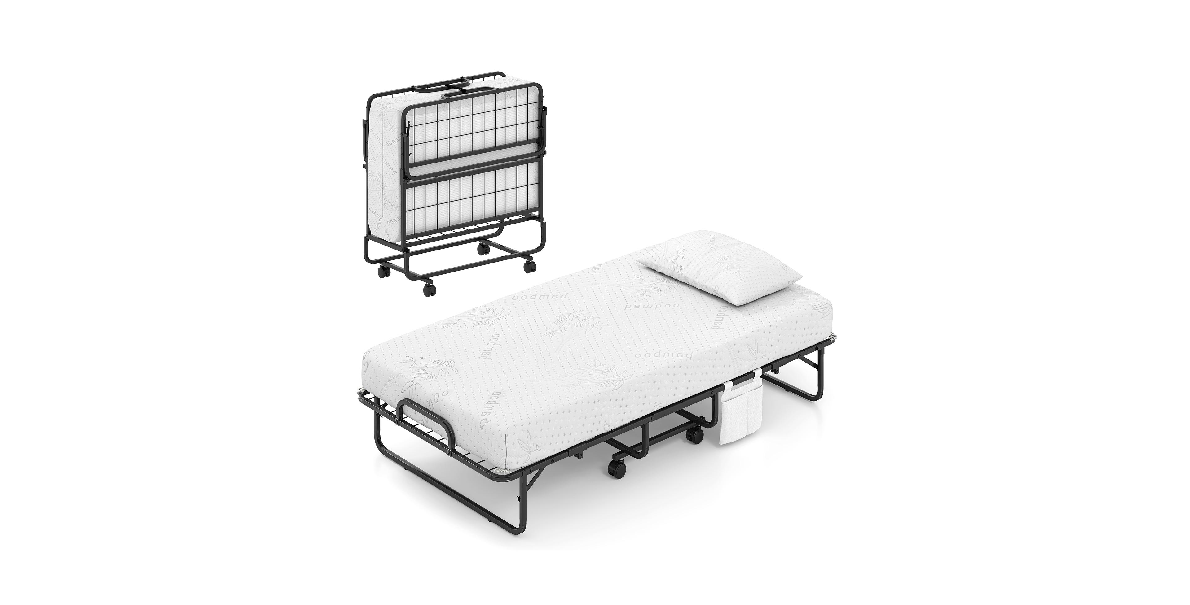 Mecale Twin Size Folding Bed with 5 Inch Mattress and Pillow, White