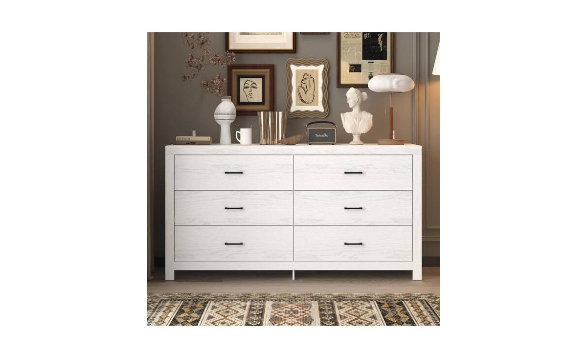 Fufu&Gaga Wood Finish 6-Drawer 63 in. x 15.7 in. x 33.1 in. Dresser, Wooden Chest of Drawers for Bedroom - White