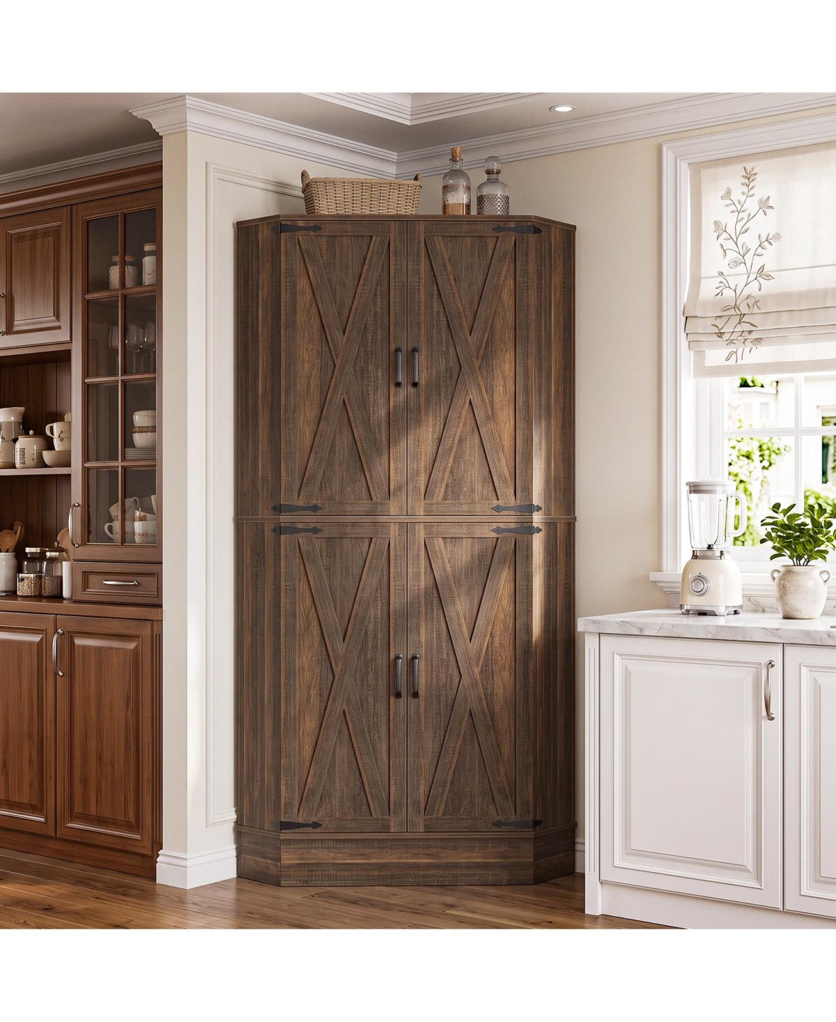 Aheaplus Freestanding Corner Pantry Cabinet with Doors and Adjustable Shelves