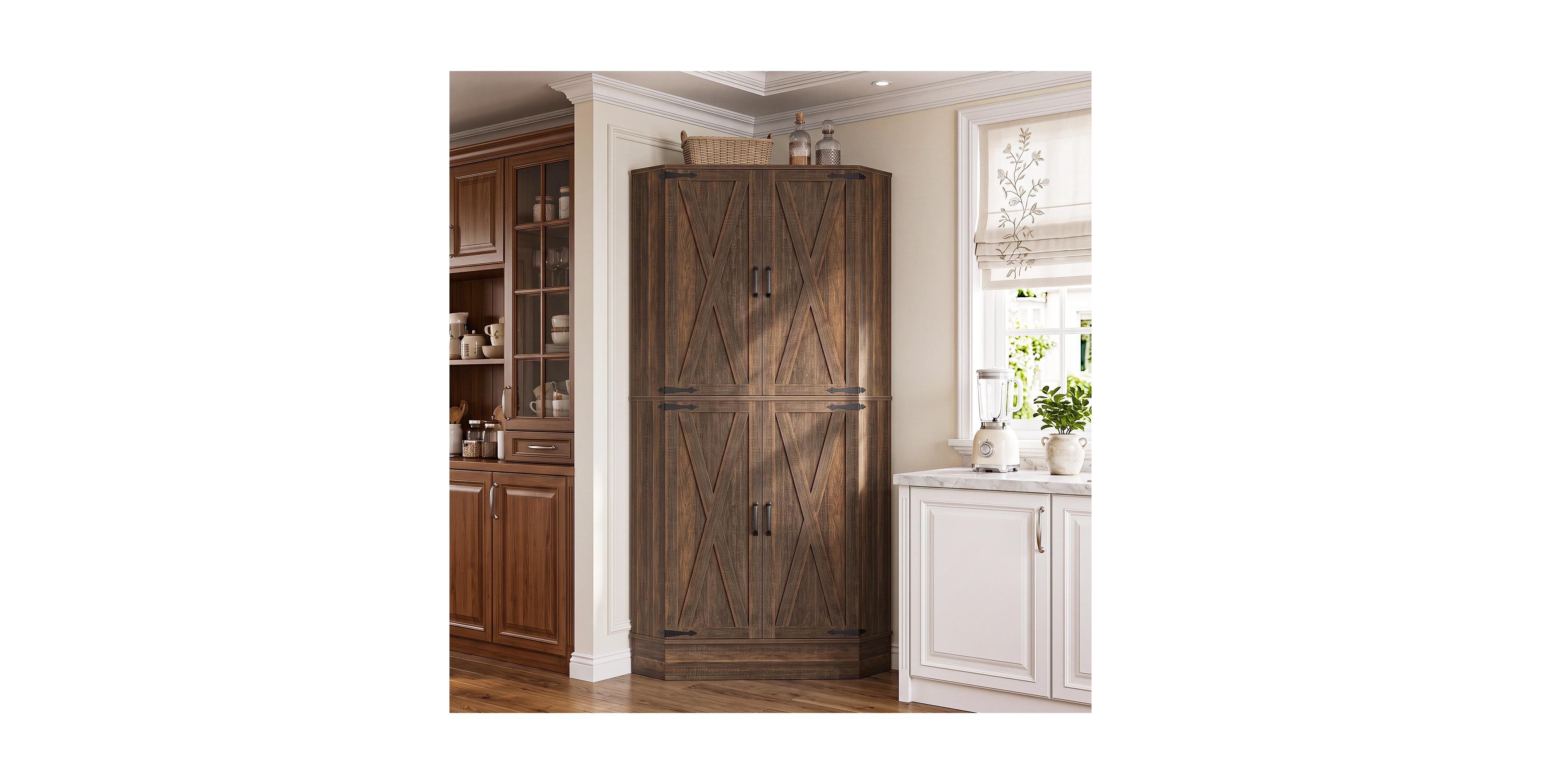 Aheaplus Freestanding Corner Pantry Cabinet with Doors and Adjustable Shelves