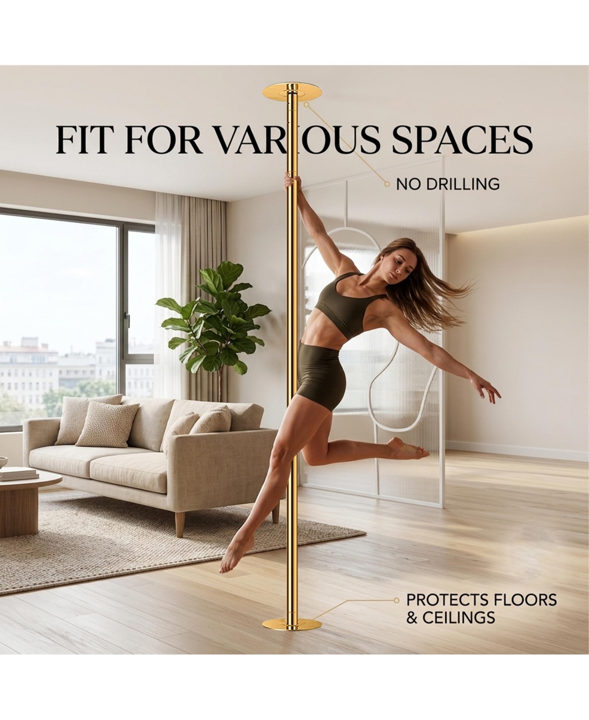 Zeny Adjustable Spinning Static Dual Mode No Drill Steel Dance Pole For Home Dance Studio