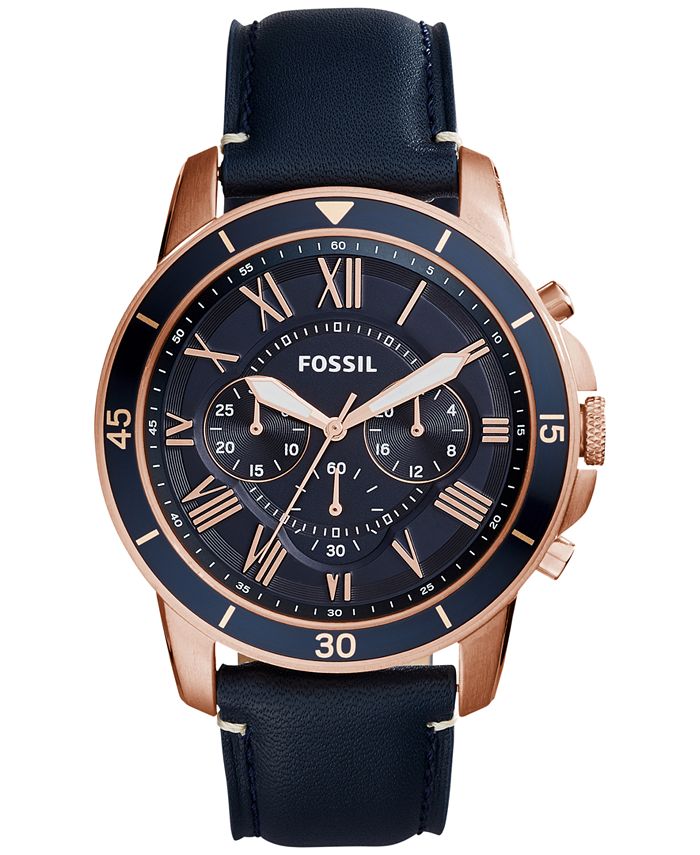 Fossil Men s Chronograph Grant Sport Blue Leather Strap Watch 44mm