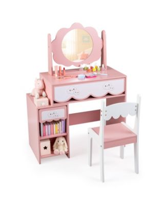 Kids Vanity Set w/ 360-Degree Rotating Mirror Chair 2 Drawers 2 Open Compartments Pink