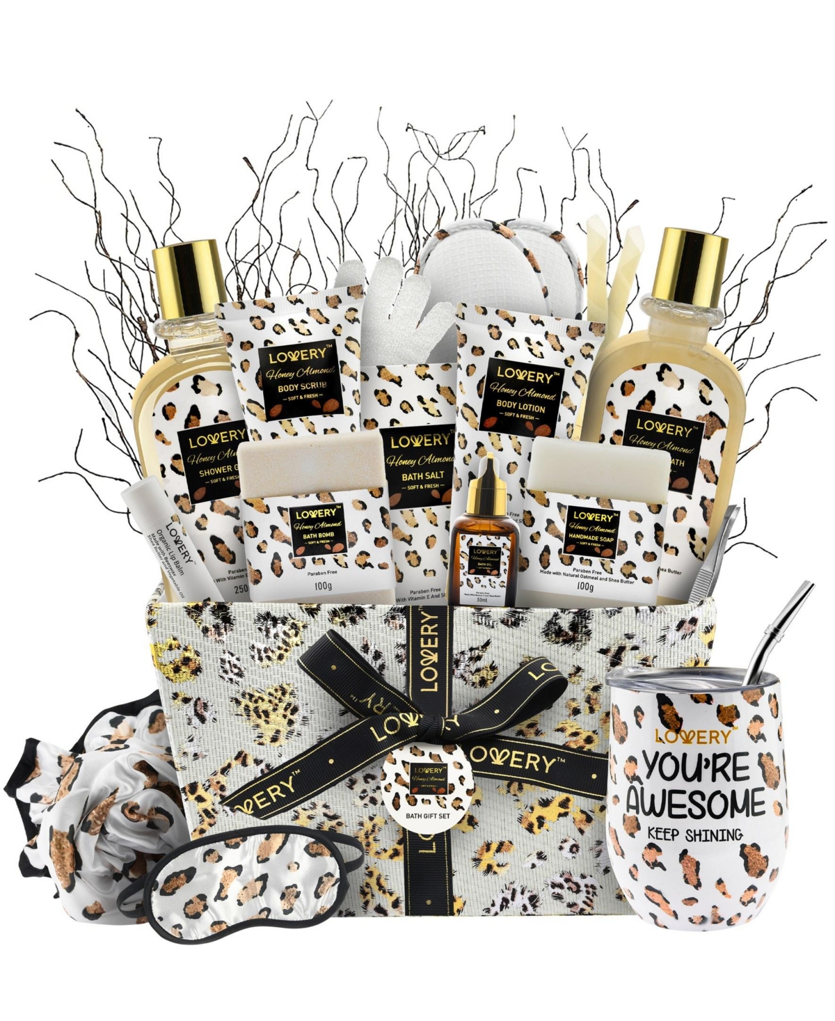 Honey Almond Home Spa Body Care Gift Set, 21 Piece Leopard Design Bath and Body Relaxing Kit