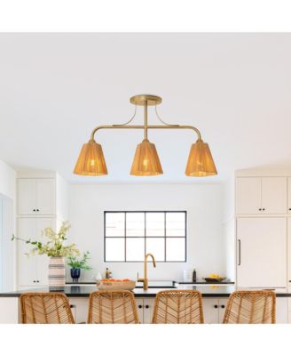 Farmhouse Paper Rope Shade 3-Light Gold Linear Chandelier Light