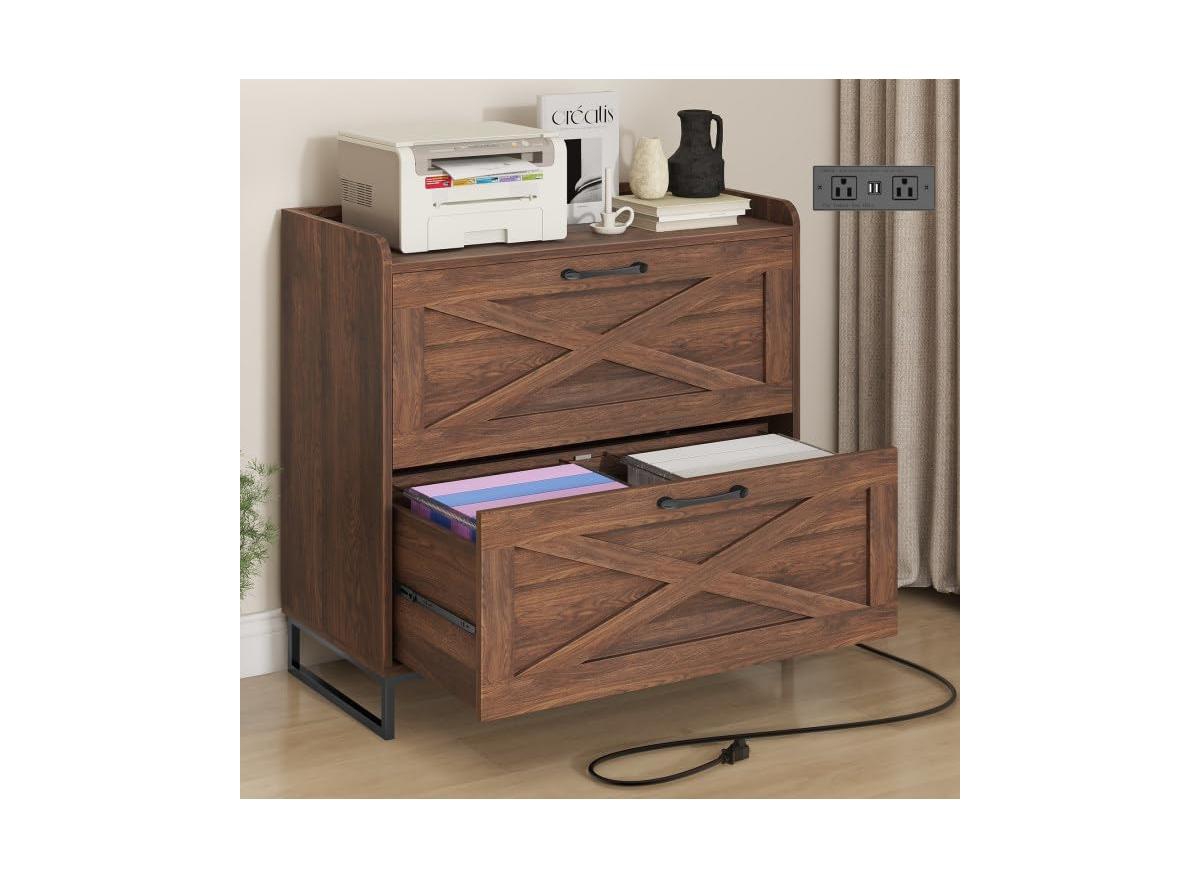 Vabches Lateral File Cabinet with 2 Drawers and Charging Station - Walnut