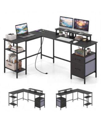 L Shaped Desk with Power Outlet Reversible Computer Desk with Monitor Stands