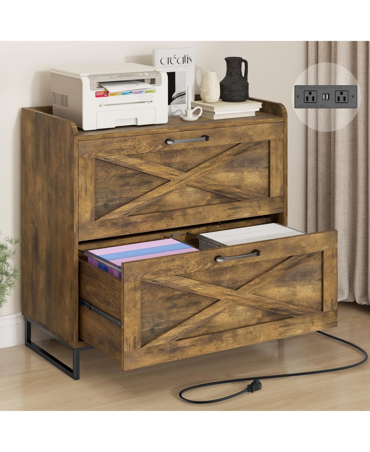 Vabches Lateral File Cabinet with 2 Drawers and Charging Station - Rustic brown