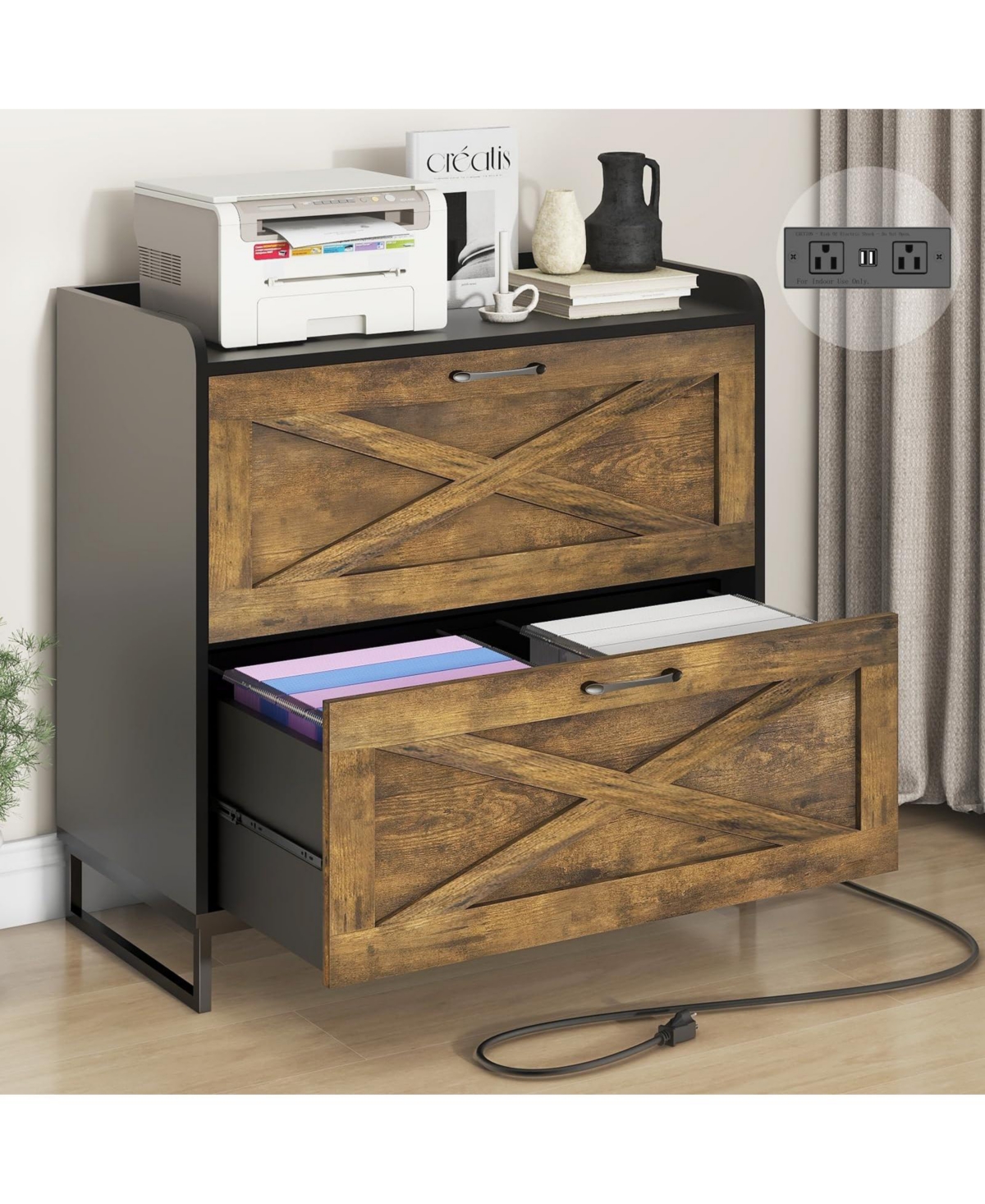 Vabches Lateral File Cabinet with 2 Drawers and Charging Station - Black and rustic brown
