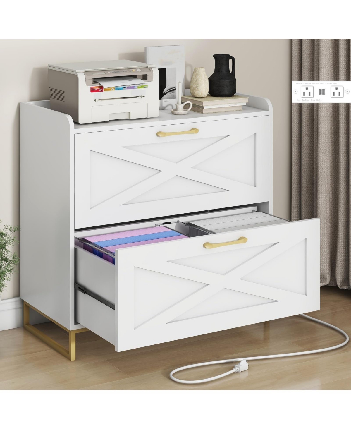 Vabches Lateral File Cabinet with 2 Drawers and Charging Station - White