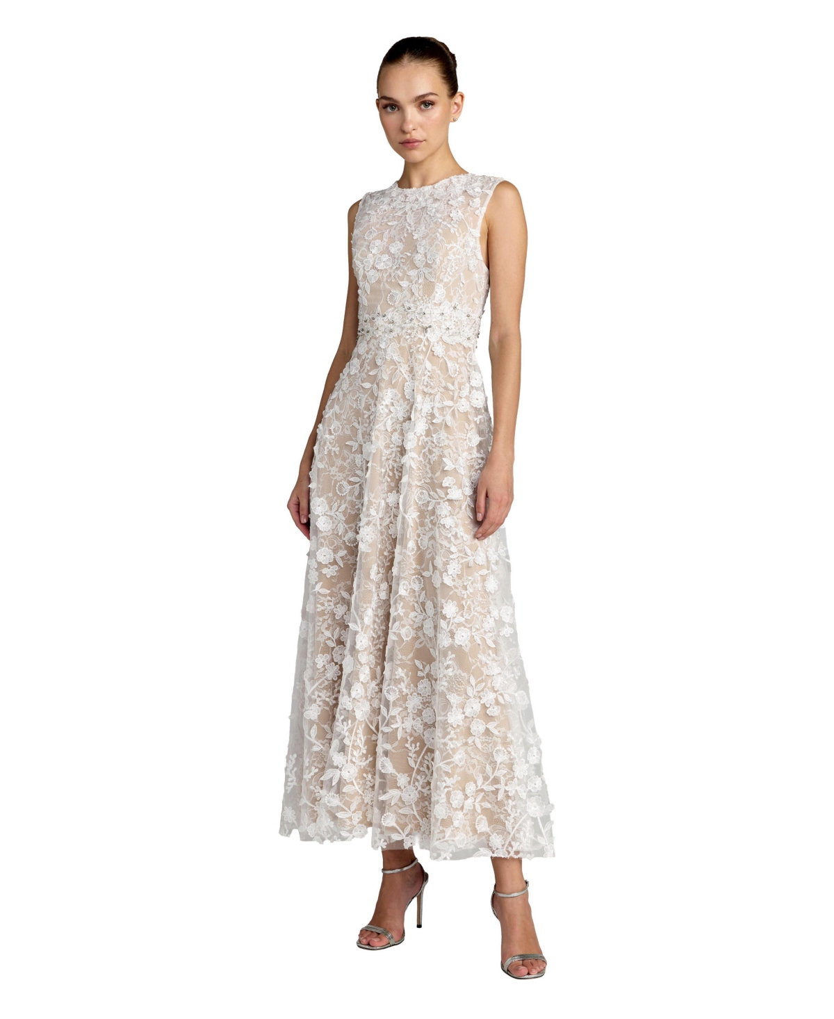 Mac Duggal Petite Embroidered Floral High-Neck A-Line Midi Dress - Ivory nude