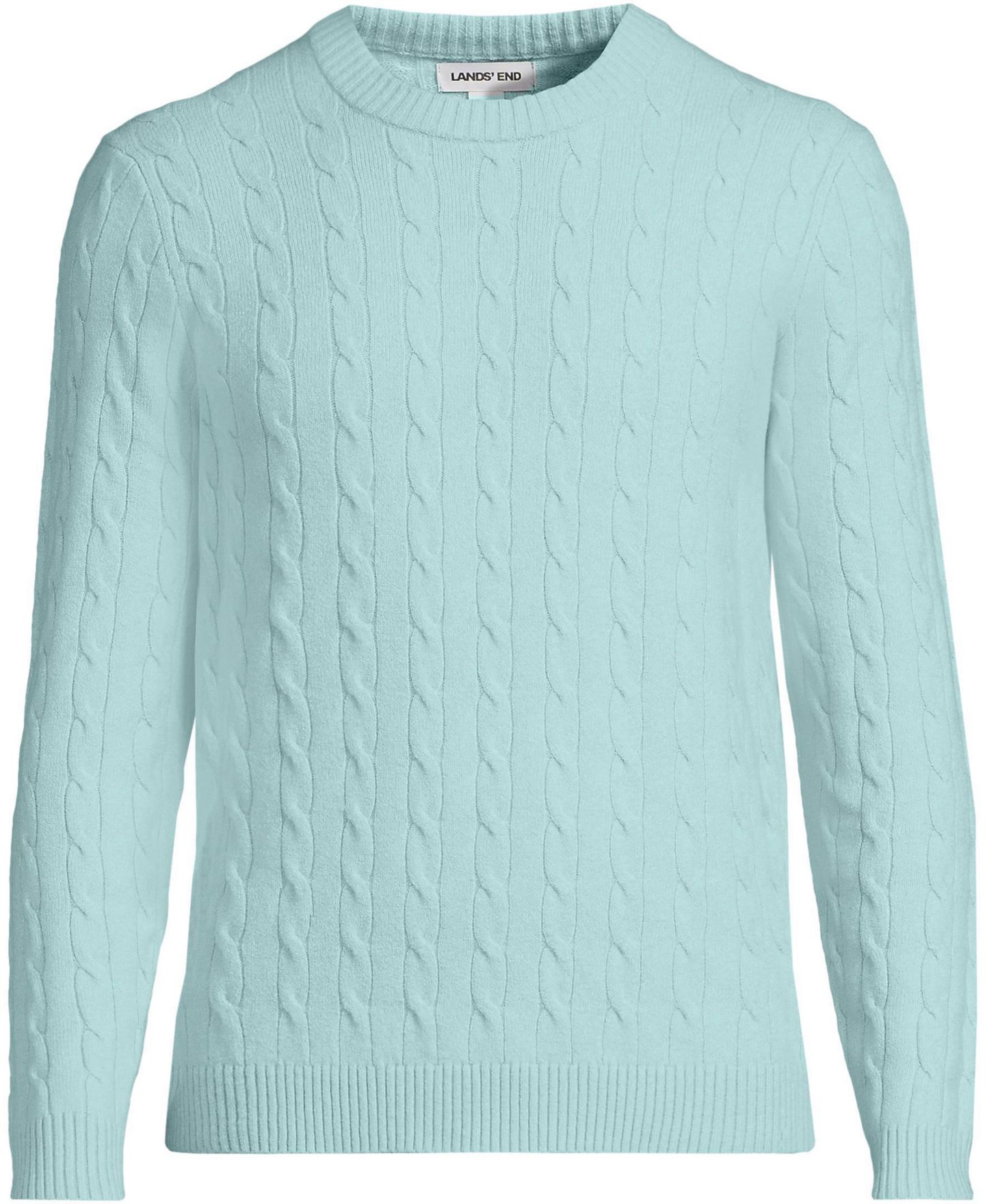 Мужской свитер Lands' End Long Sleeve Cashtouch Cable Crewneck, цвет: Light Seagrass — фото 3