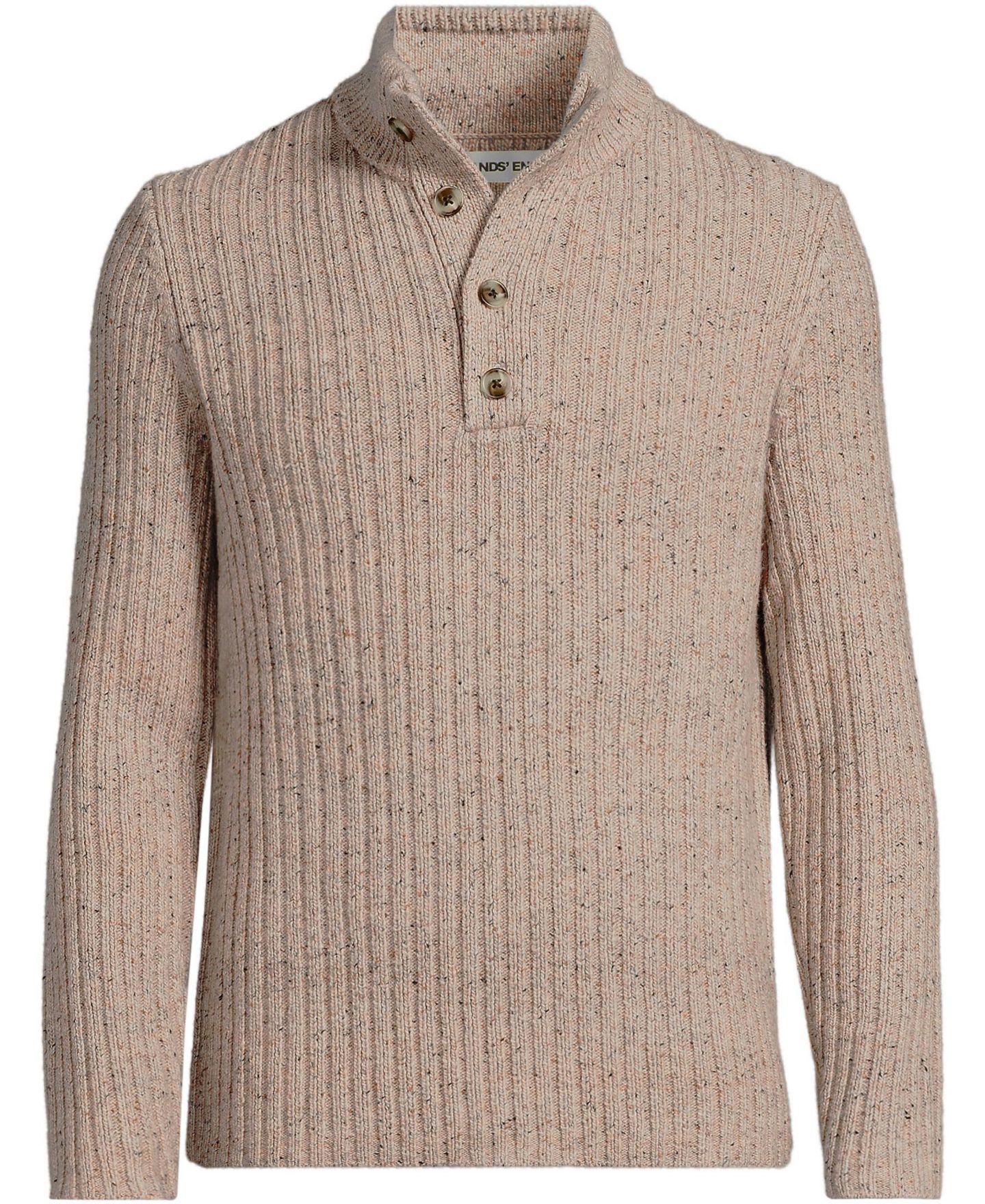 Мужской свитер Lands' End Long Sleeve Cotton Wool Button Up Mock, цвет: Тёмный овсяный — фото 3