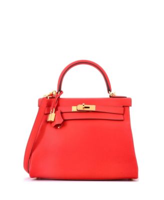 Pre-Owned Hermes Kelly 28 Handbag Red Evercolor with Gold Hardware
