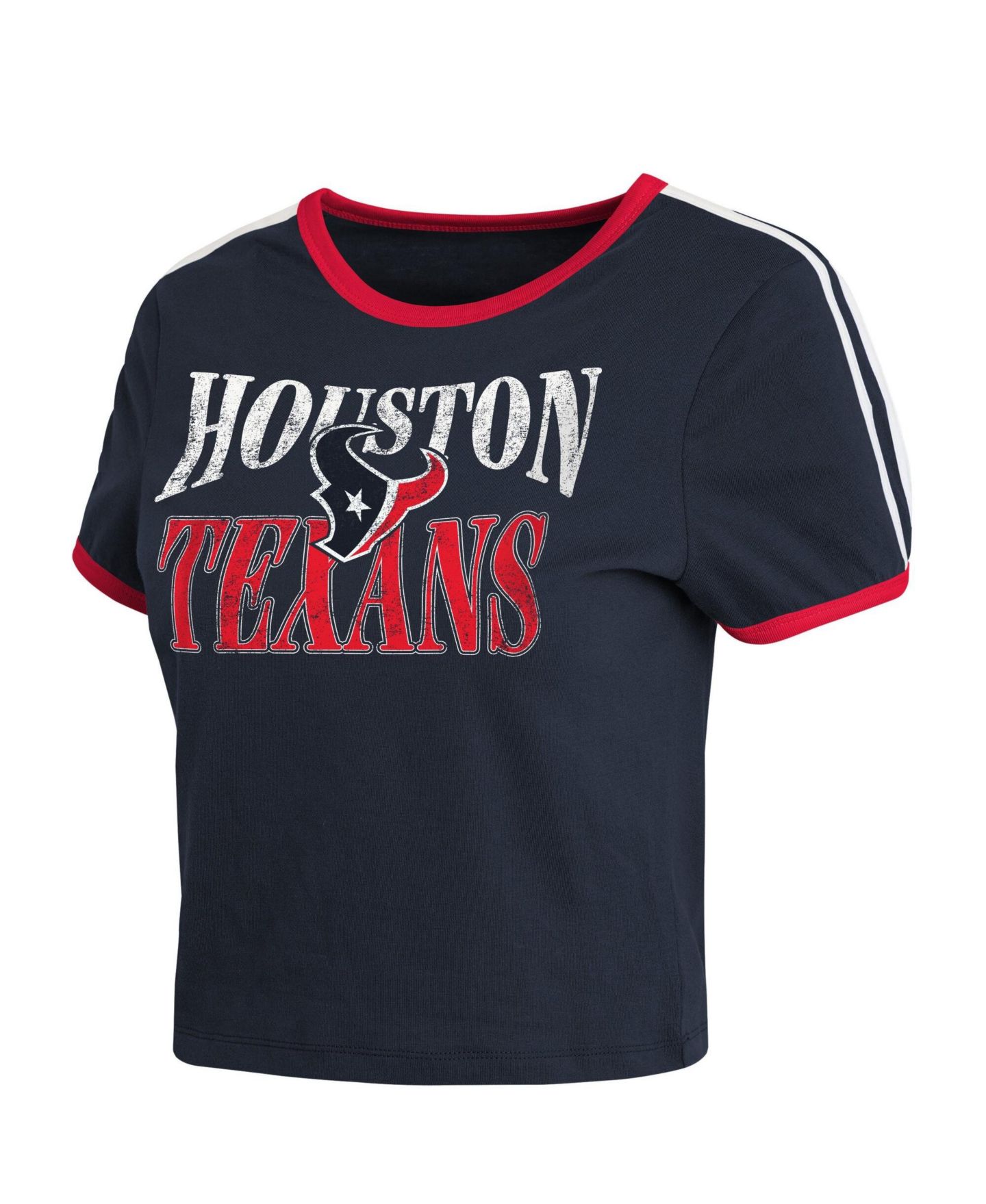 Женская футболка WEAR by Erin Andrews Navy Houston Texans Cropped Throwback Ringer Baby T-Shirt — фото 3