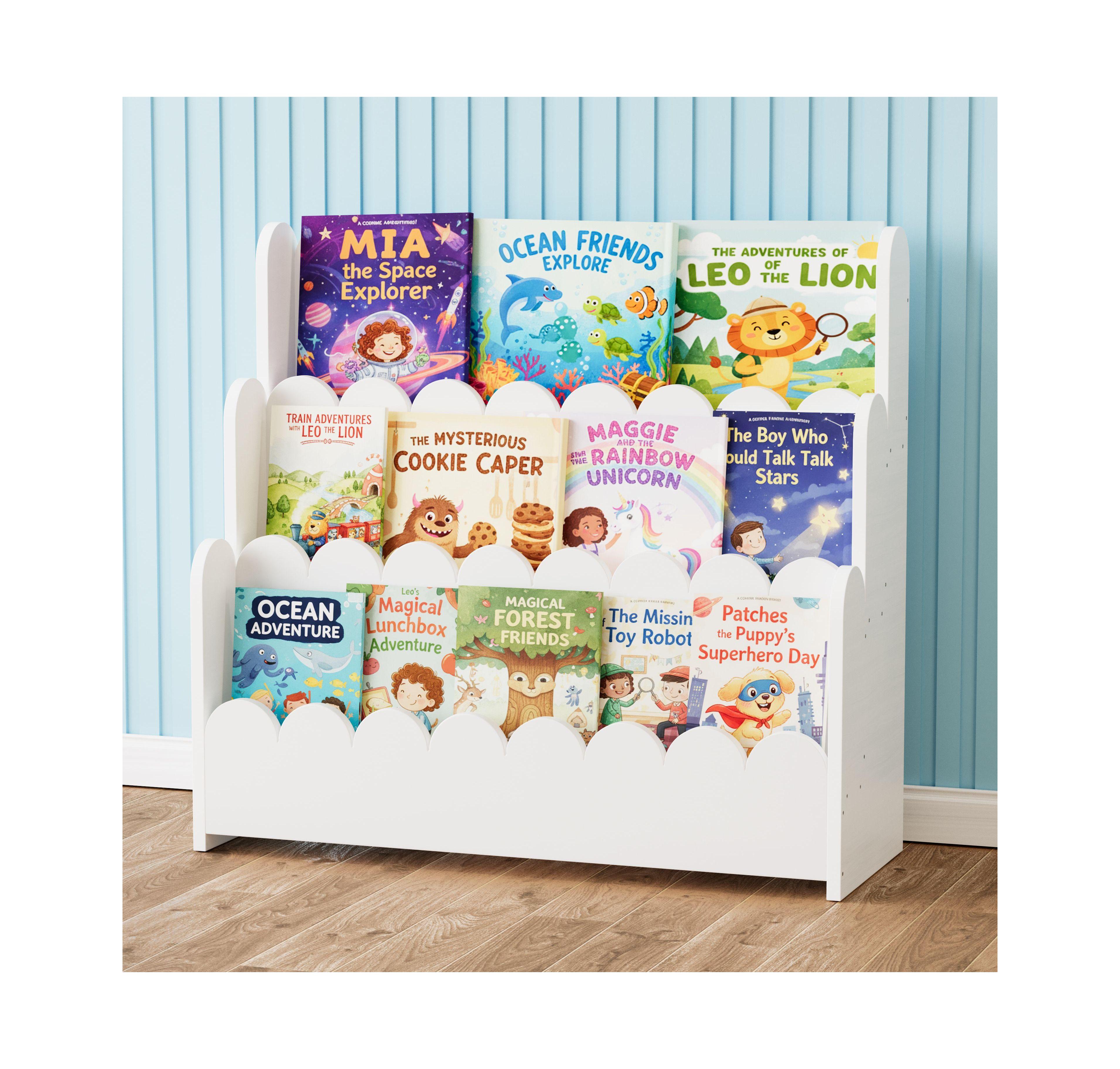 SpaceAid 3-Tier Scalloped Wooden Bookshelf - Montessori-Style Book Display for Kids Rooms, Playrooms and Classrooms, Natural Finish
