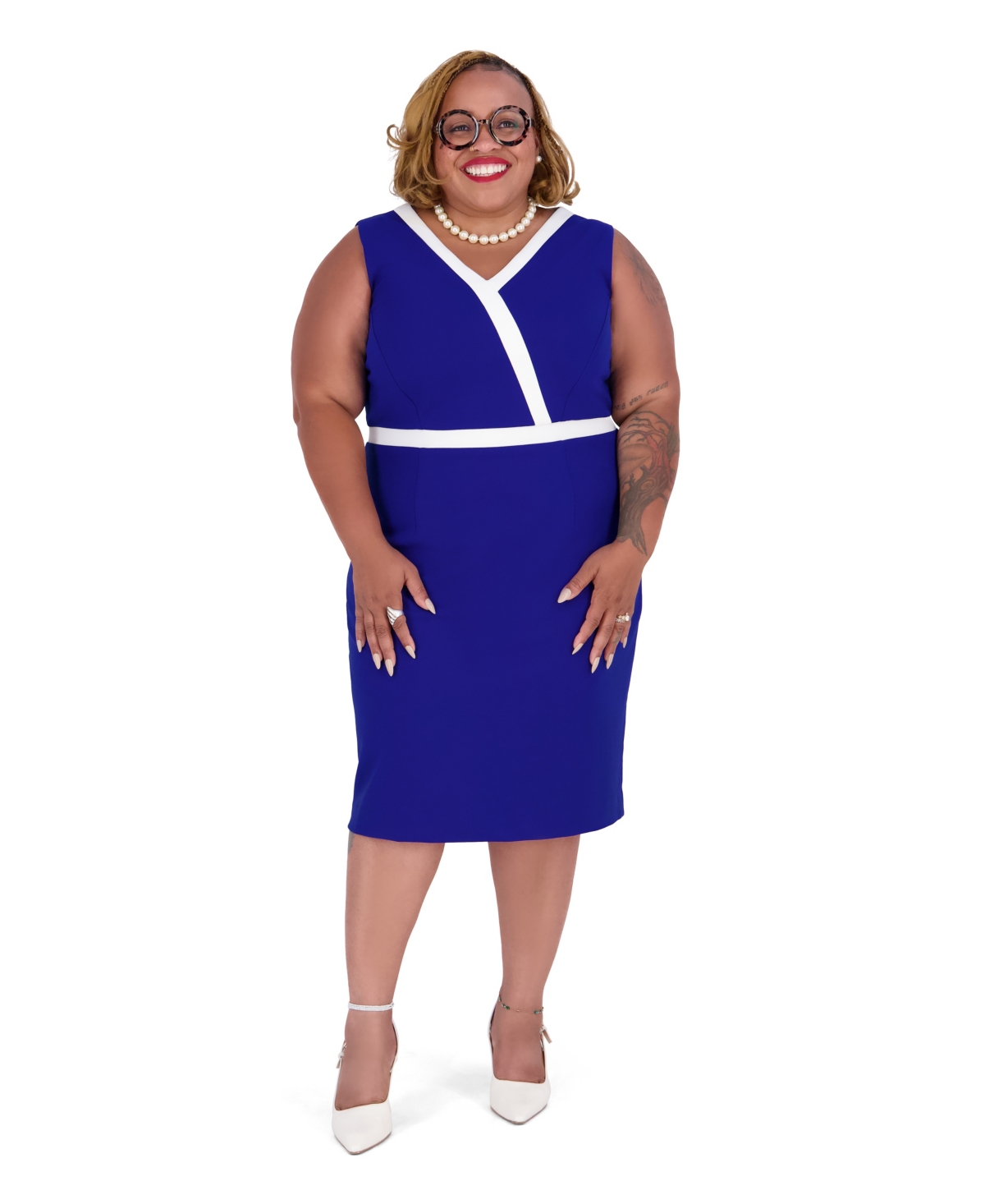 Kasper Women's Scuba Crepe V-Neck Sheath Dress with Colorblocked Trim - Royal Sig/ White