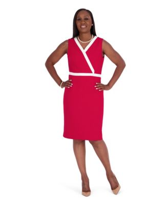 Women's Scuba Crepe V-Neck Sheath Dress with Colorblocked Trim