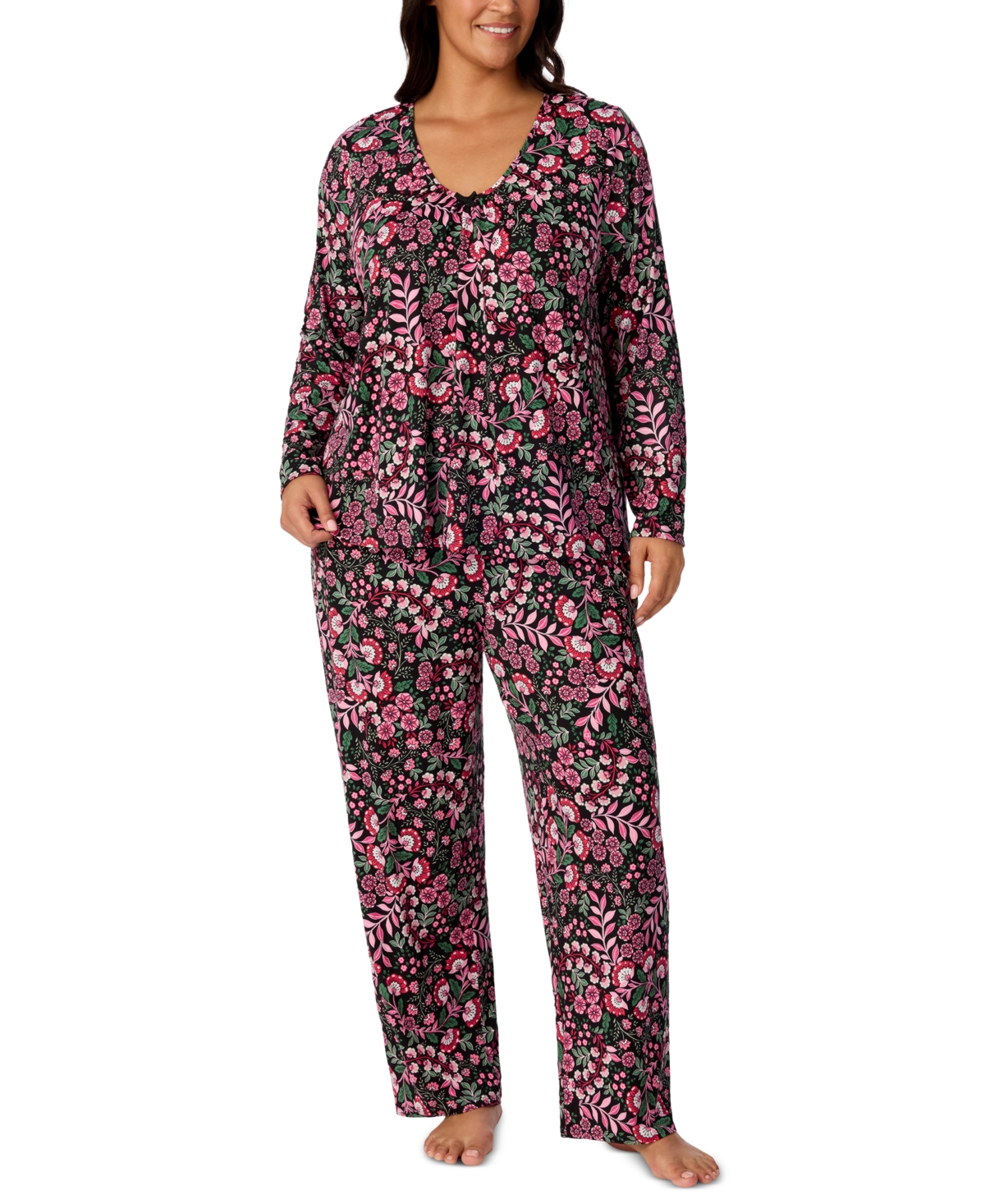 Ellen Tracy Plus Size V-Neckline Long-Sleeve Pajama Set - Black Floral