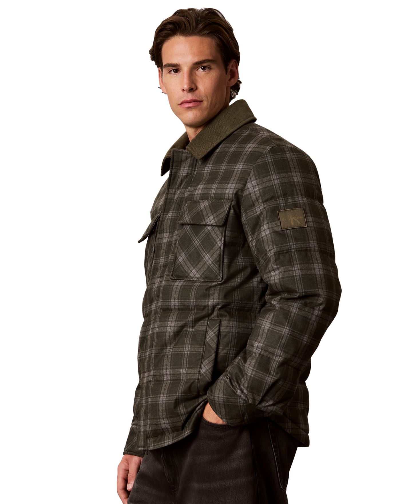 Мужская куртка Calvin Klein Printed-Plaid Down Puffer, цвет: Тёмный зелёный меланжевый — фото 5