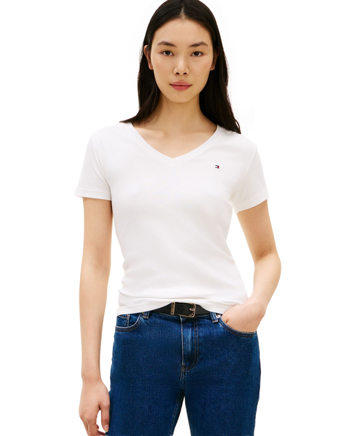 Женская футболка Tommy Hilfiger Rib Slim V-Neck Short-Sleeve T-Shirt, цвет: Чёрный — фото 6