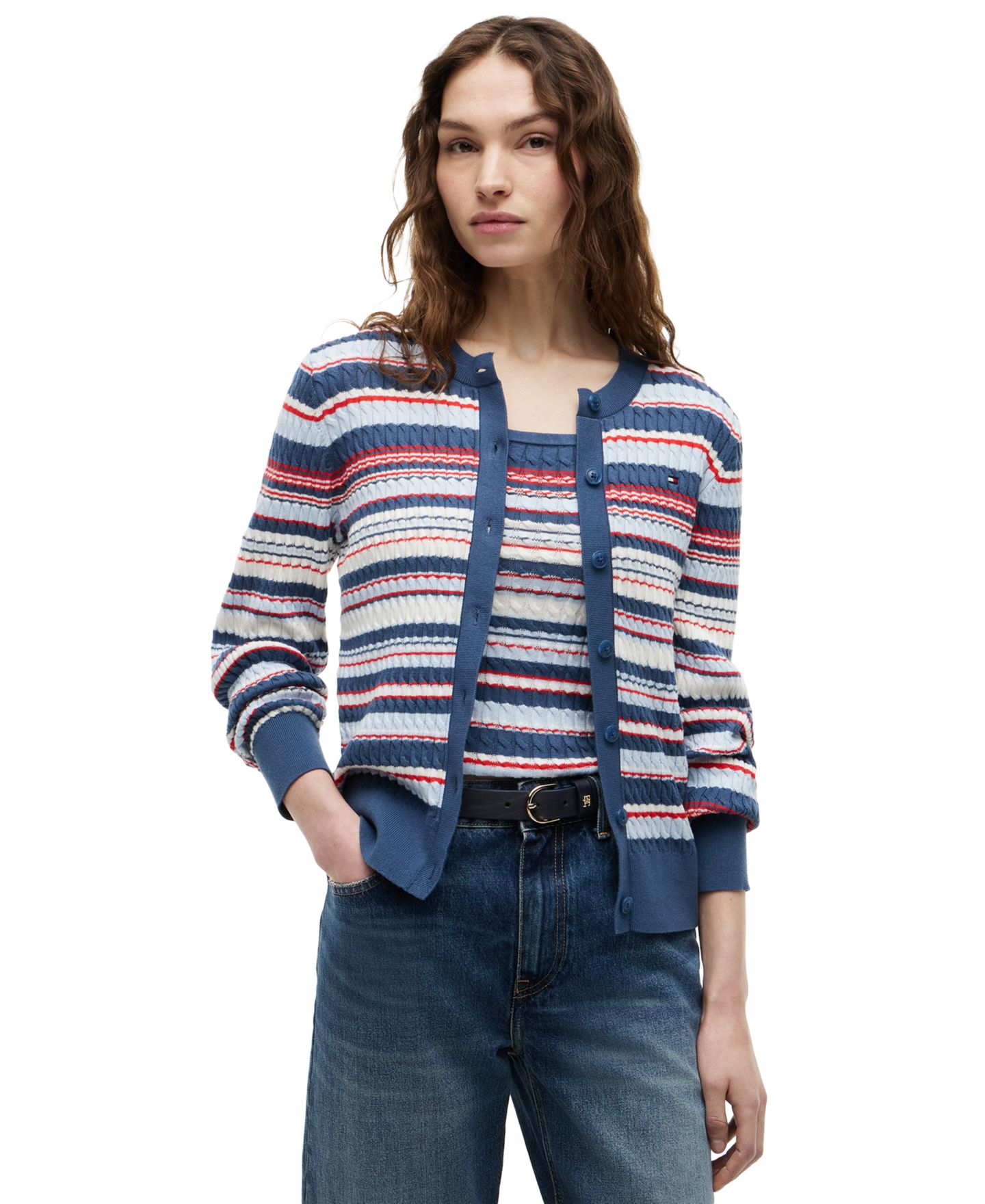 Женский свитер Tommy Hilfiger Crewneck Cable Knit, цвет: Синий / Красный разноцветный полосатый — фото 3