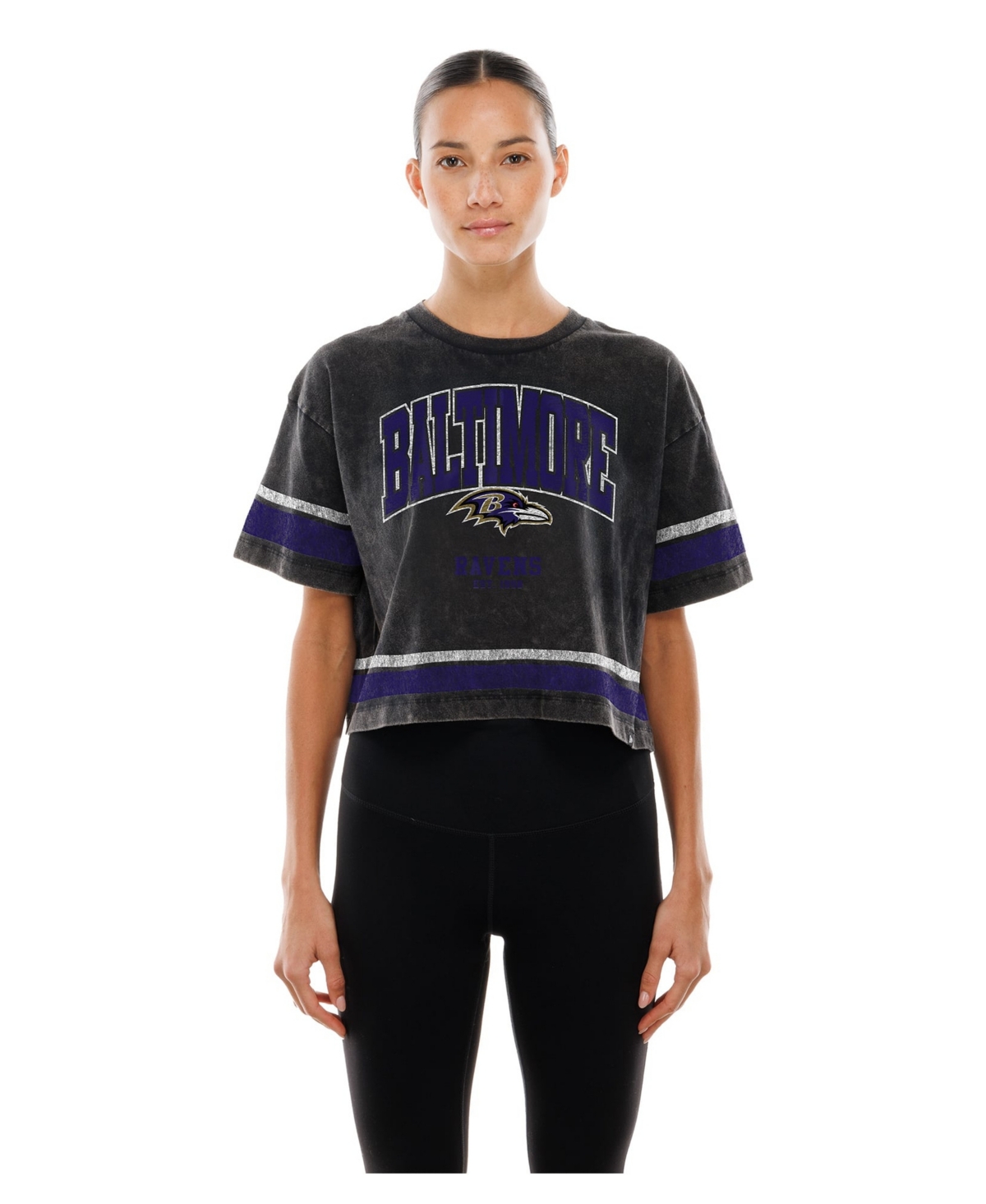 New Era Women's Black Baltimore Ravens Lifestyle Mineral Wash Boxy Cropped T-Shirt