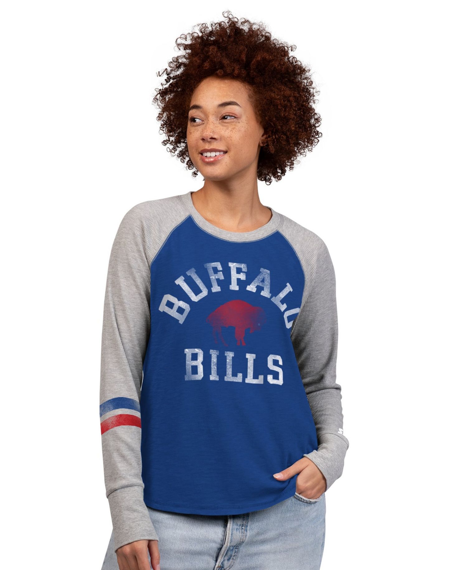 Women's Royal/Gray Buffalo Bills Throwback Waffle-Knit Raglan Long Sleeve T-Shirt