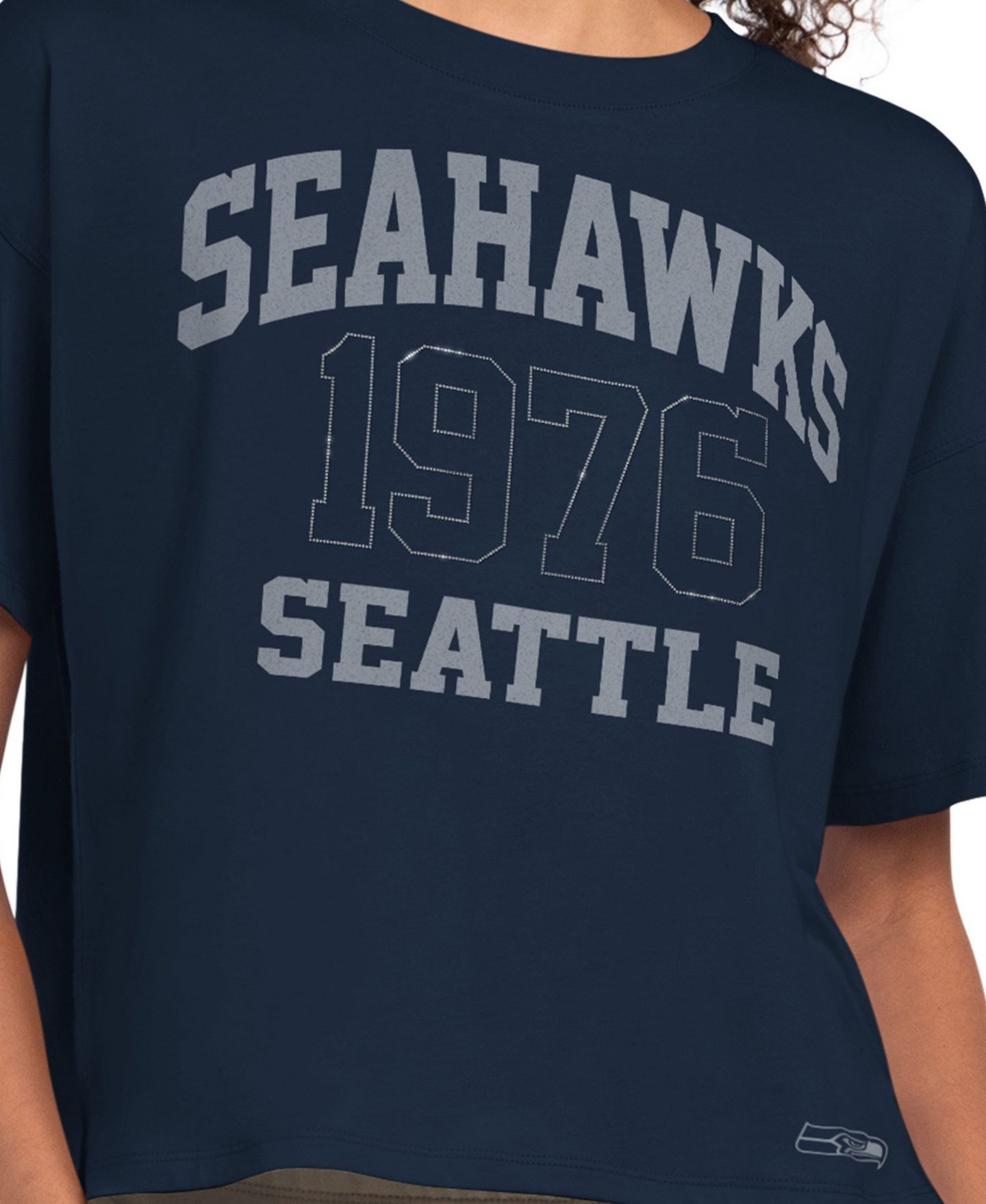 Женская футболка Starter Navy Seattle Seahawks Rhinestone Boxy Cropped — фото 2
