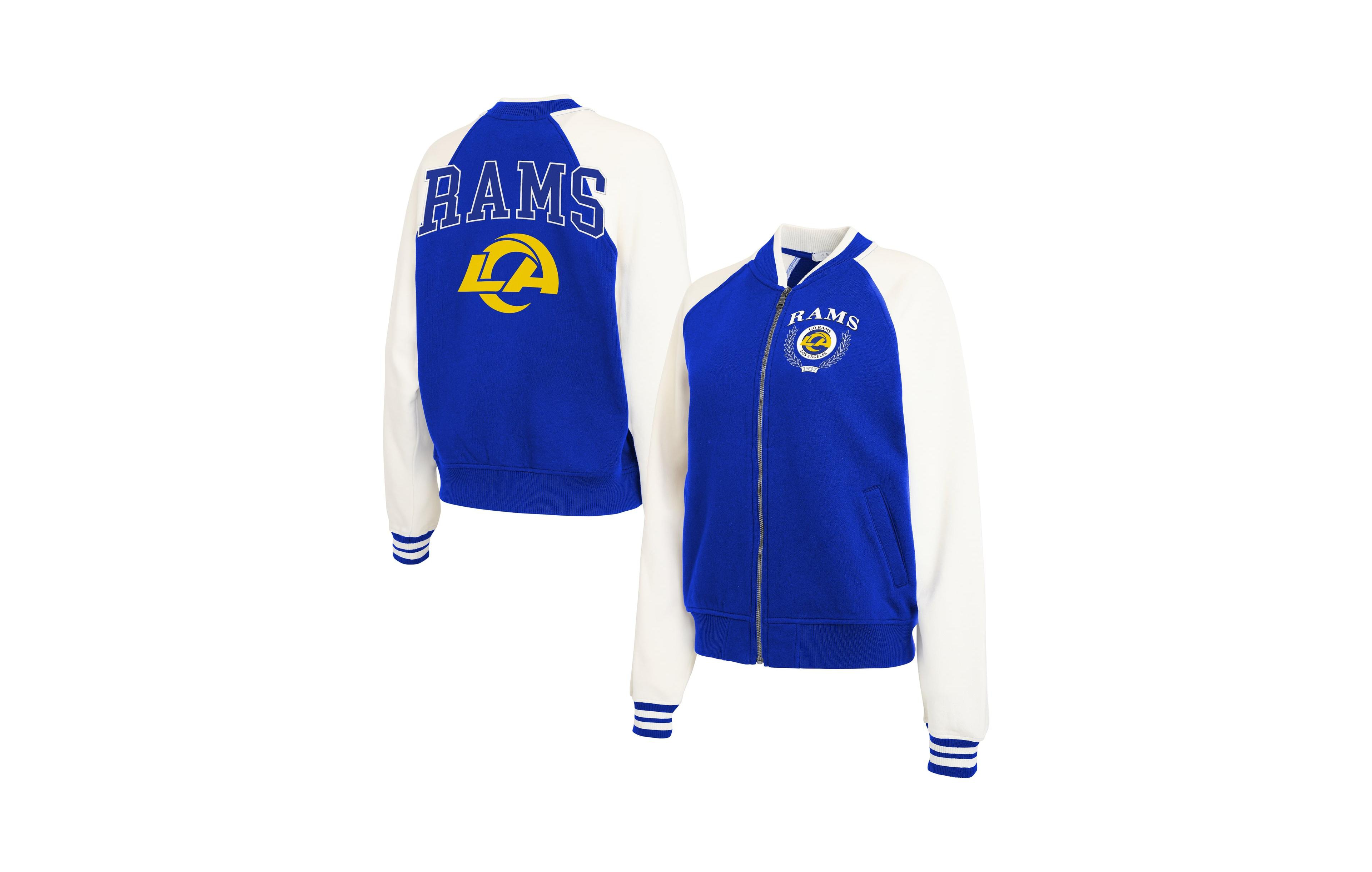 Wear by Erin Andrews Women's Royal Los Angeles Rams Throwback Varsity Fleece Raglan Full-Zip Jacket