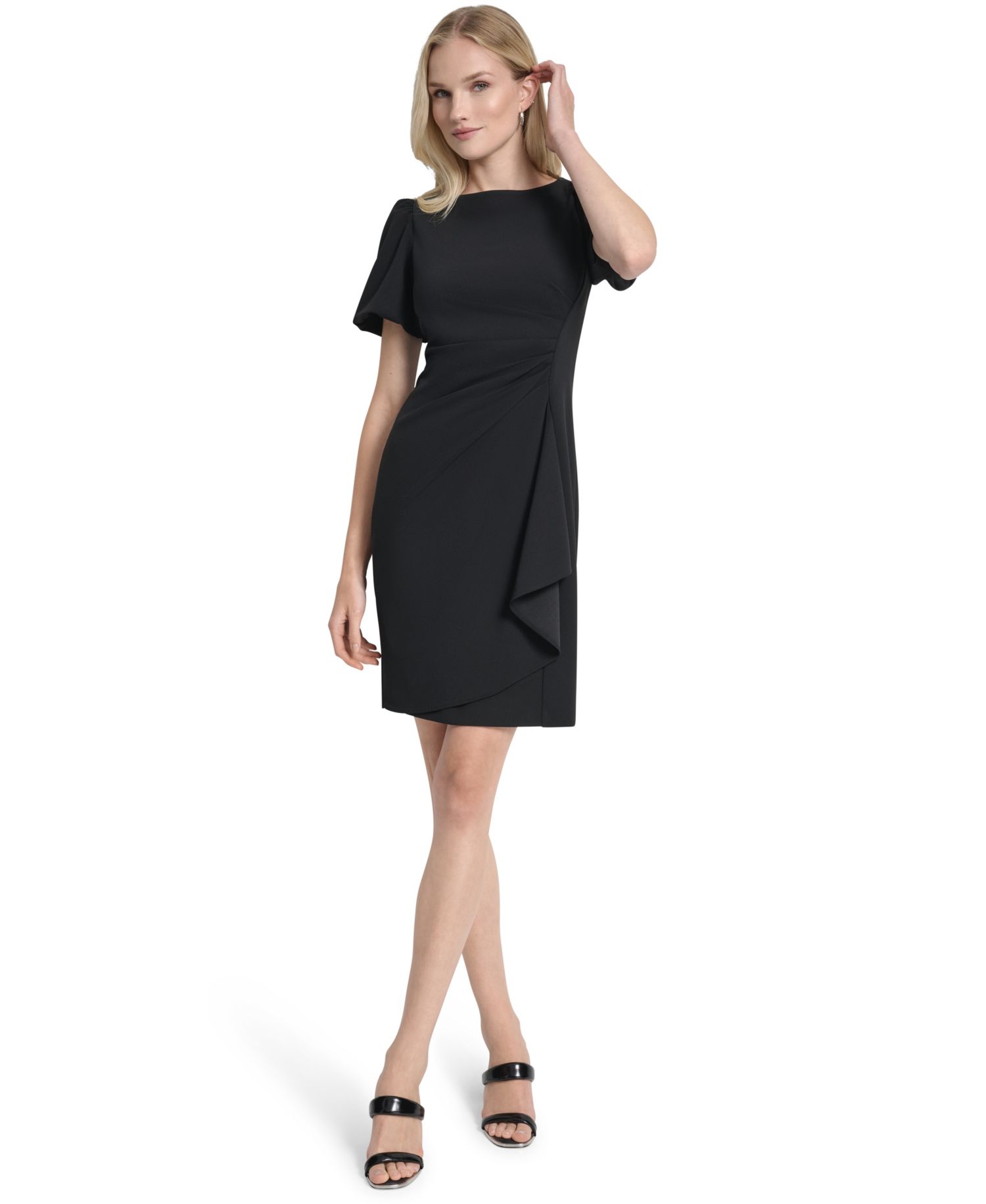 Women's Bubble Sleeve Ruched Jewel Neck Sheath Dress
