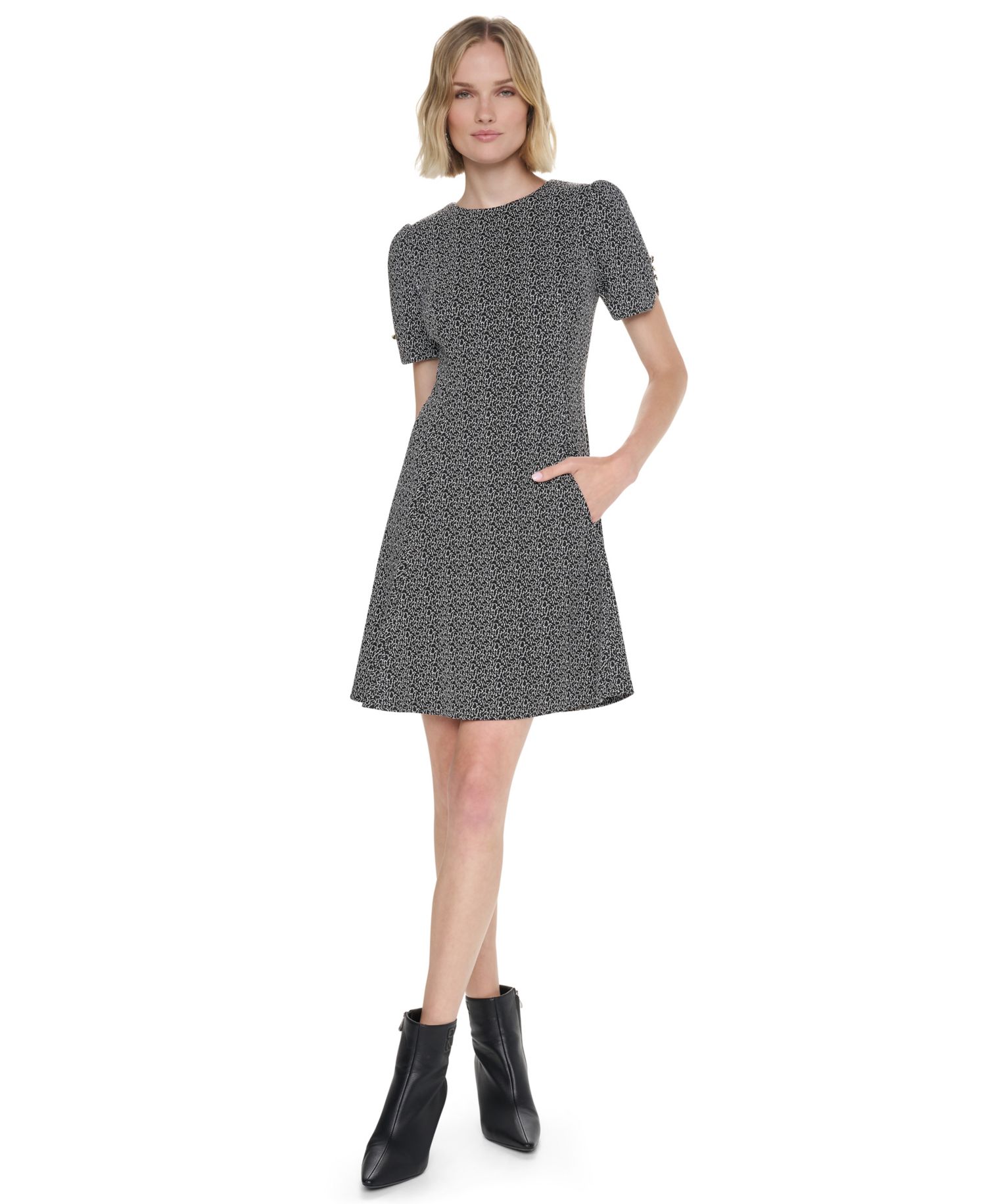 Women's Short-Sleeve Fit and Flare Dress with Pockets