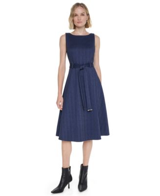 Women's Sleeveless Jewel Neck Fit and Flare Midi Dress