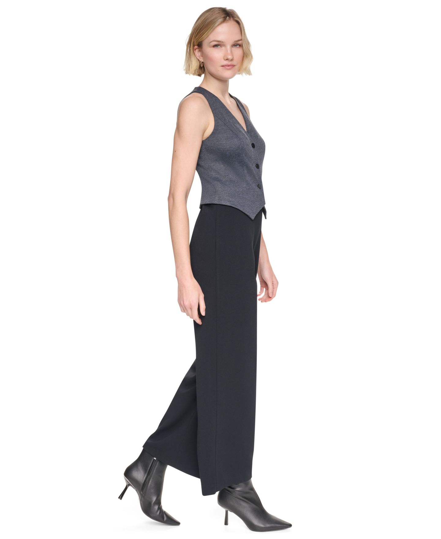Женский комбинезон DKNY Sleeveless Vest V-Neck Wide-Leg Jumpsuit, цвет: Чёрный / Серый — фото 3