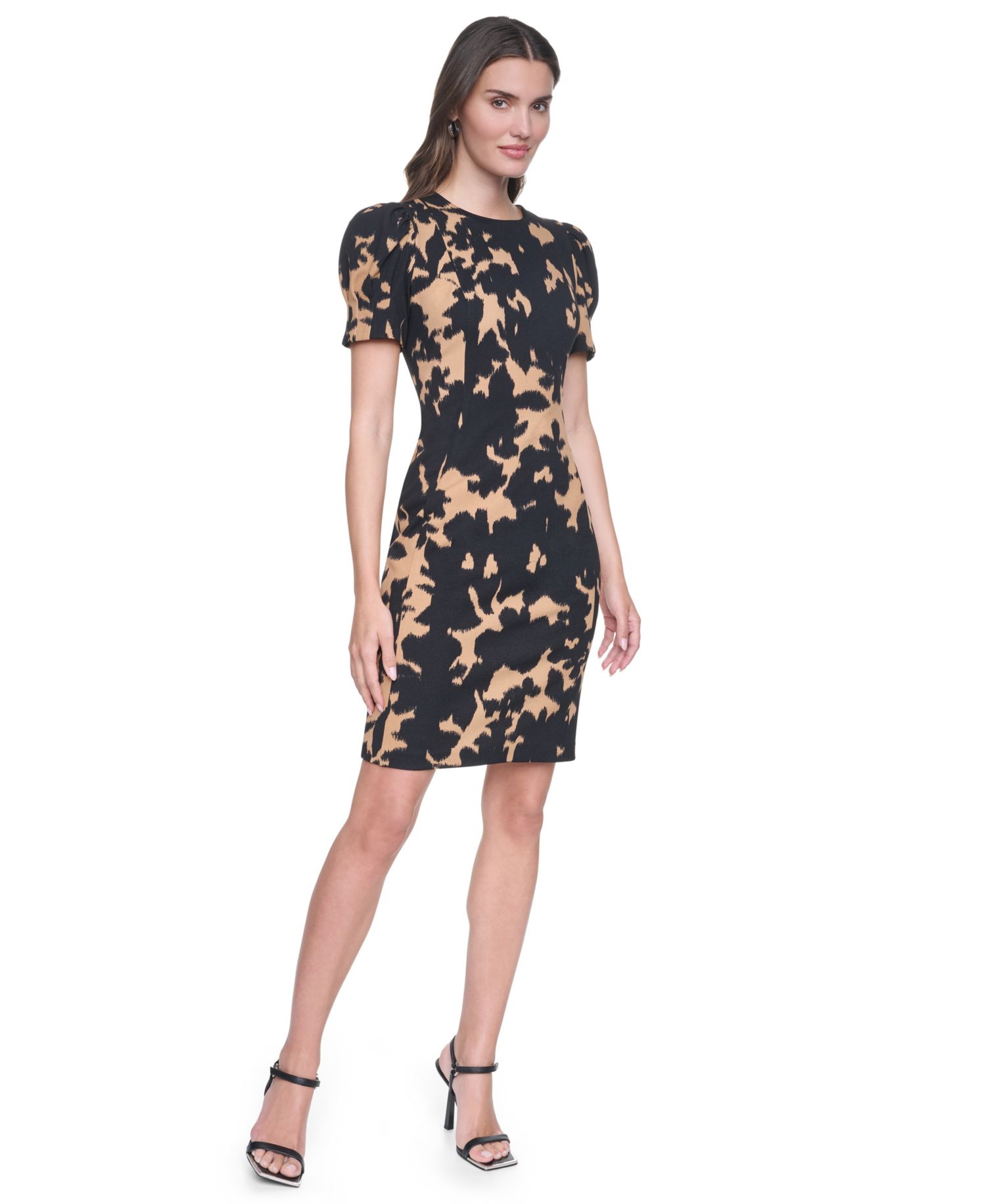 Women's Short Seamed Sleeve Puff-Sleeve Sheath Knee-Length Dress