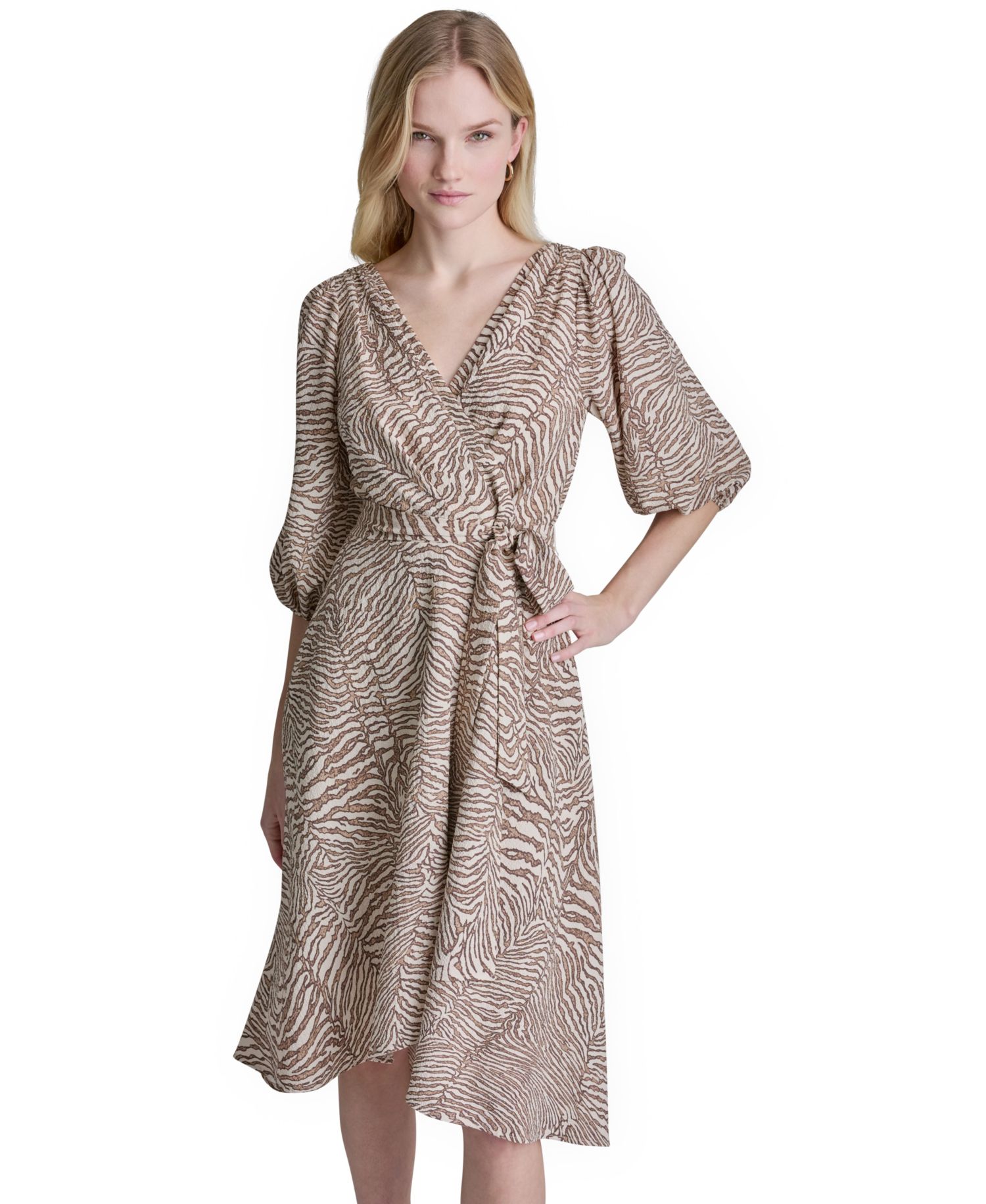 Women's 3/4-Balloon-Sleeve Wrap Midi Dress