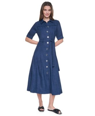 Women's Short-Sleeve Midi Shirt Dress