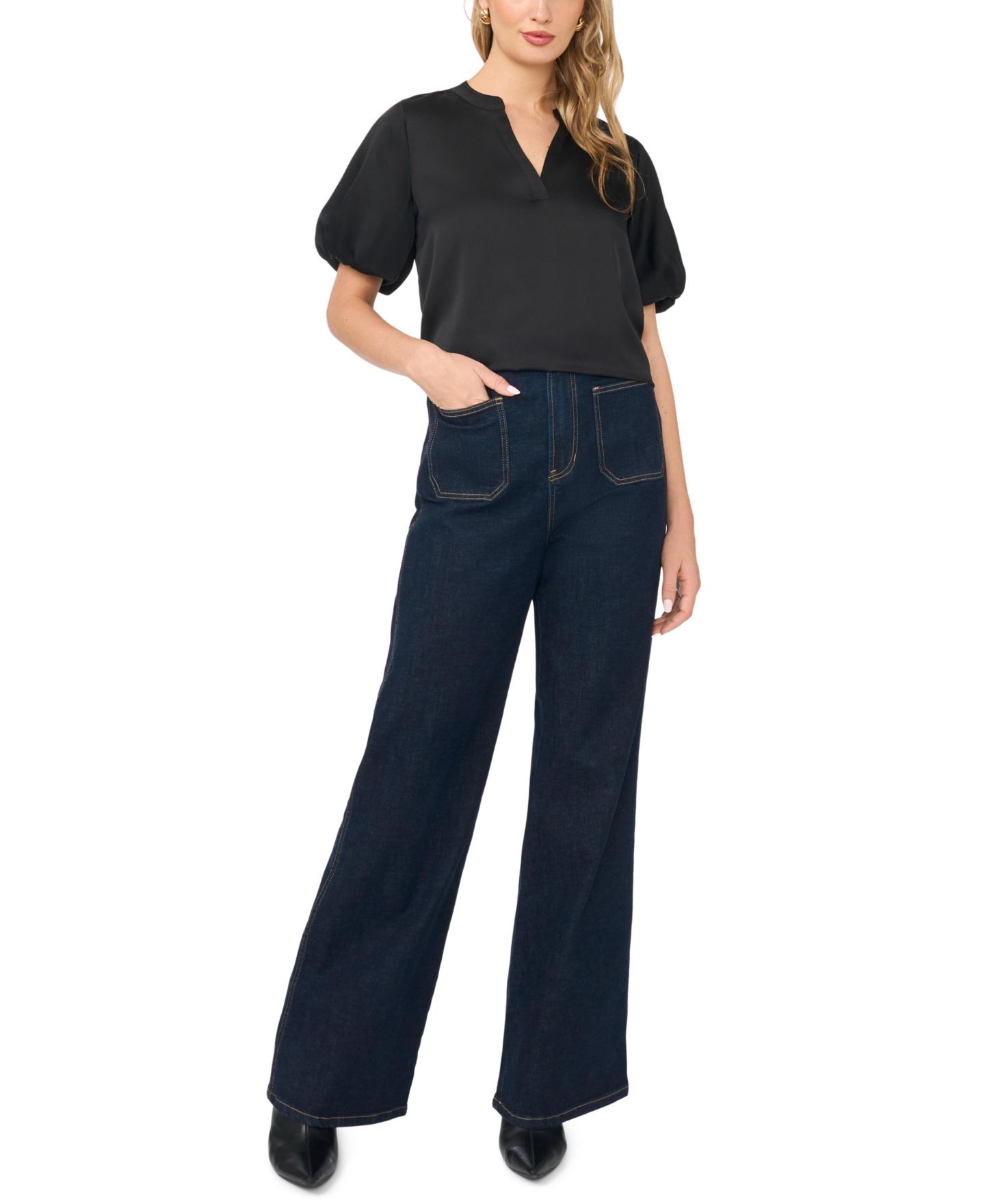 Женский топ Vince Camuto V-Neck Puff-Sleeve, цвет: Насыщенный чёрный — фото 3