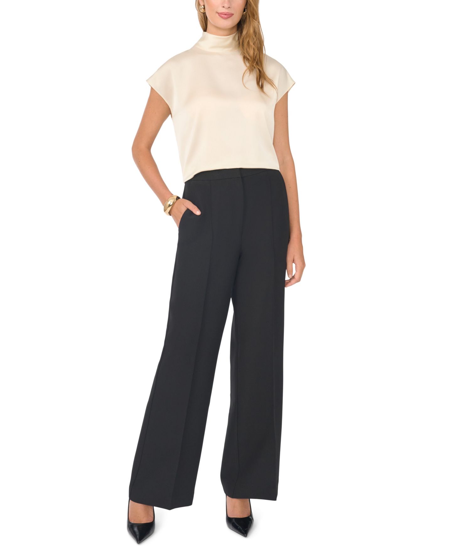Женская блузка Vince Camuto Mock Neck Short-Sleeve Satin, цвет: Берёзовый — фото 2