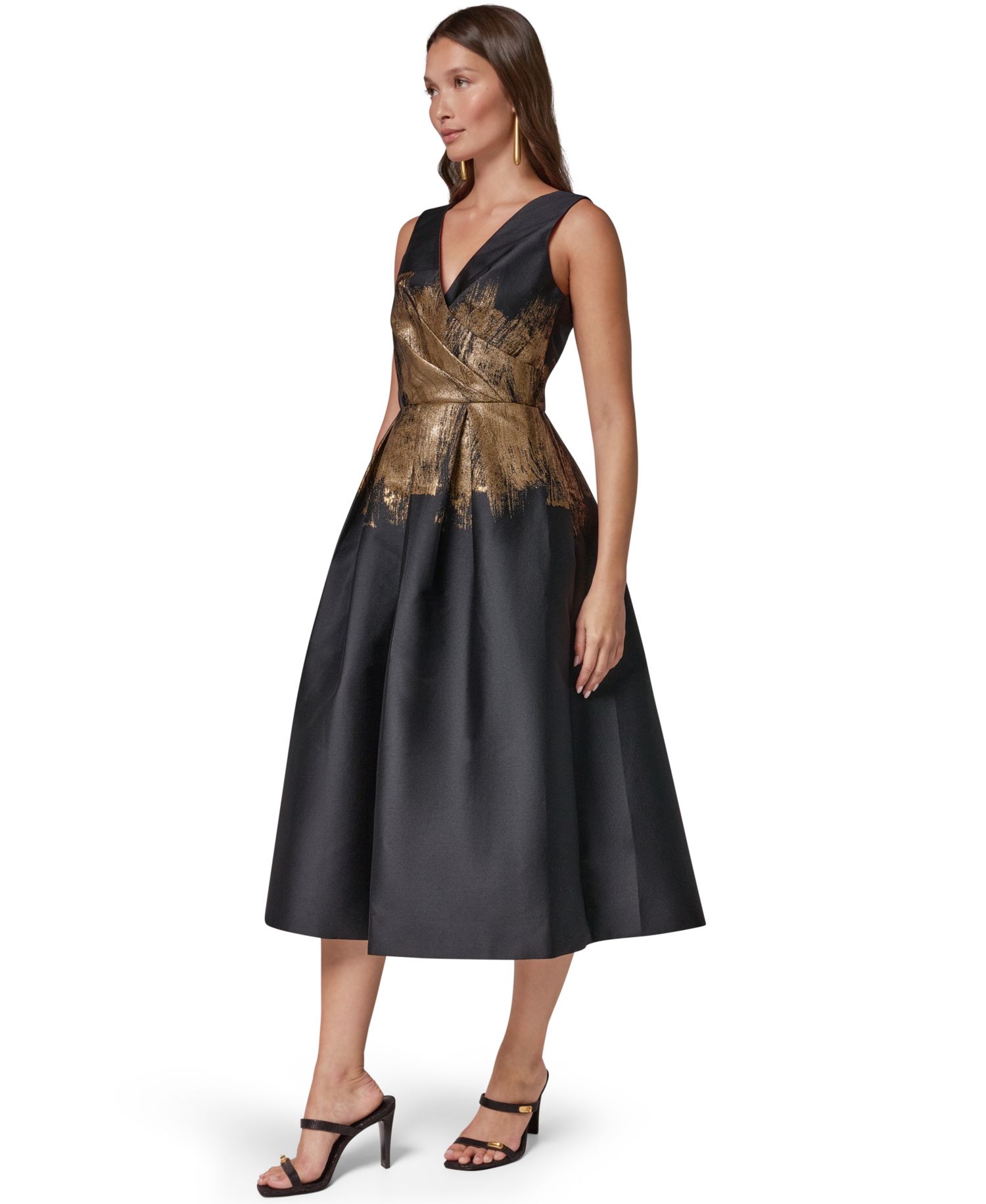 Women's Metallic Brushstroke Jacquard V-Neck Fit & Flare Dress