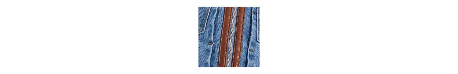 Women's Denim and Leather Collarless Jacket