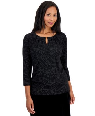 Women's 3/4-Sleeve Pleated-Neck Blouse