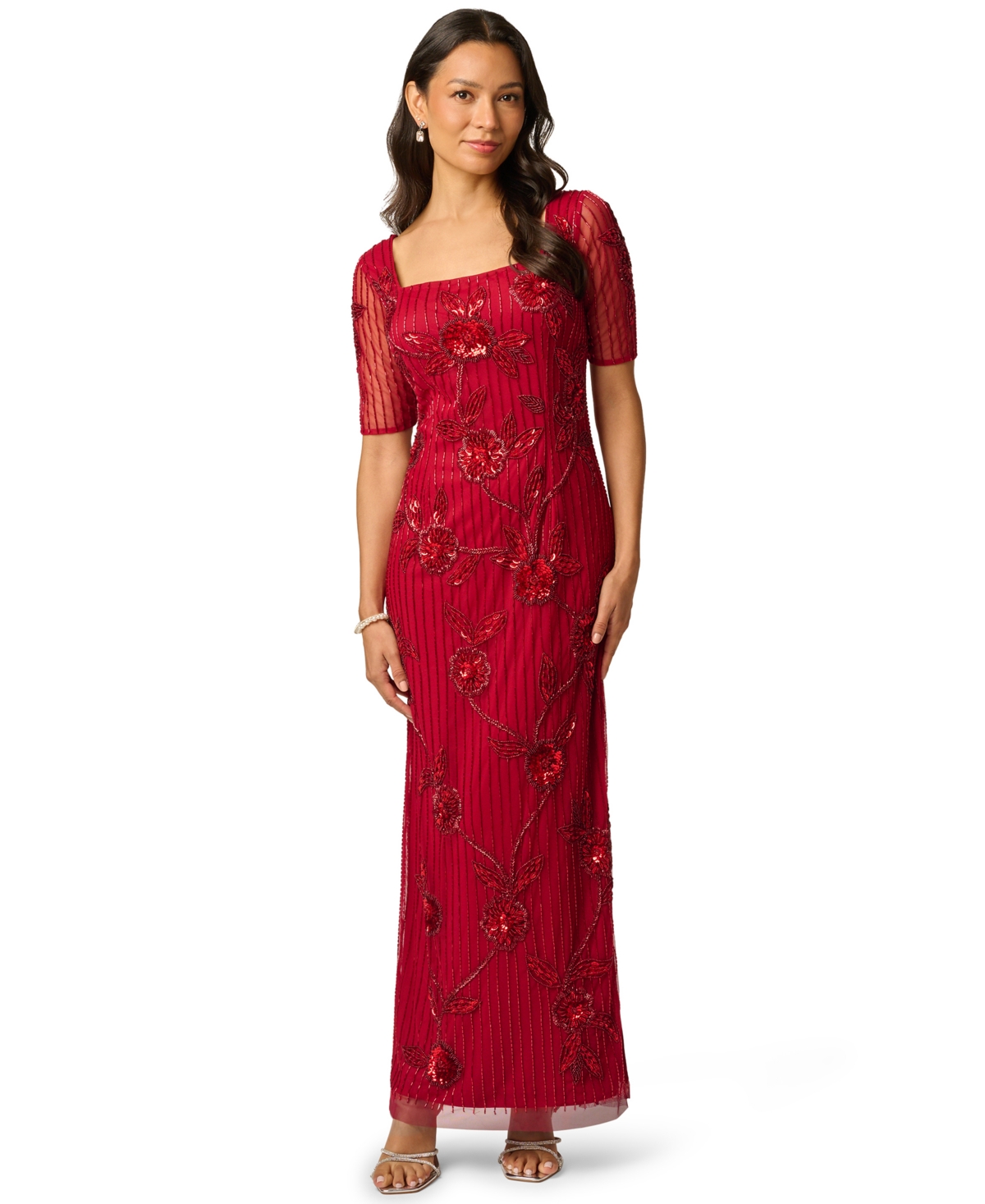 Adrianna Papell Petite Square Neck Beaded Floral-Print Gown