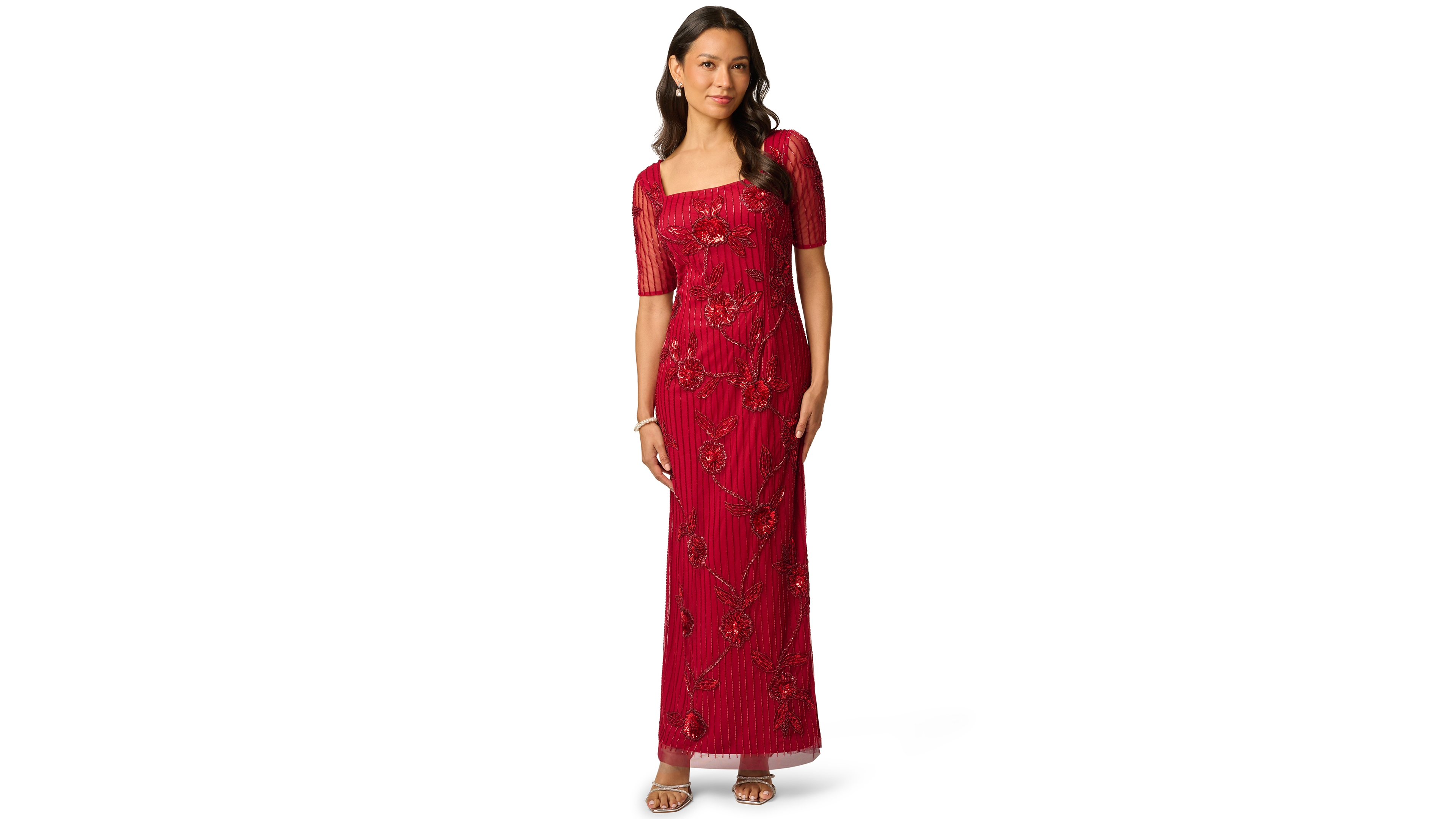 Adrianna Papell Petite Square Neck Beaded Floral-Print Gown
