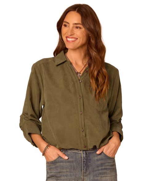 Женский топ Democracy Spread-Collar Button-Front Top, цвет: Тёмно-зелёный мох