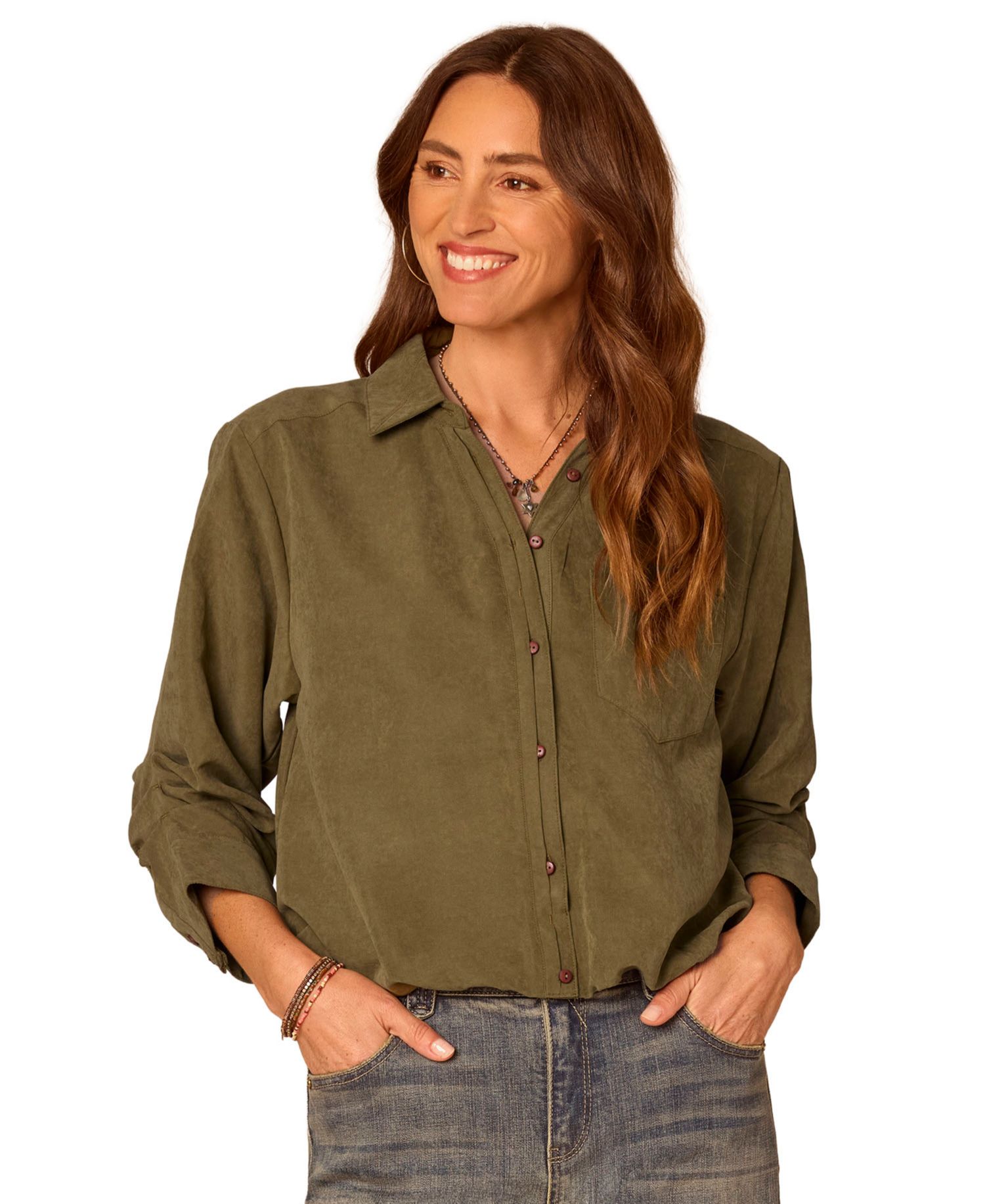 Petite Ruched-Sleeve Bubble-Hem Shirt