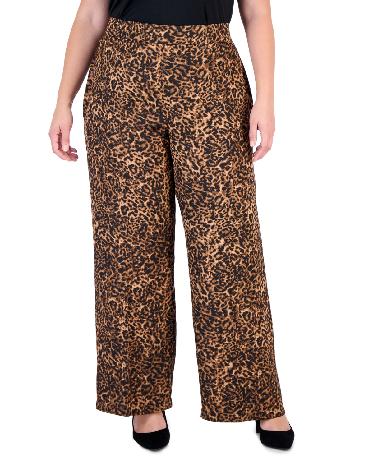 Tahari Plus Animal-Print Wide-Leg Side-Seam Zipper Pants
