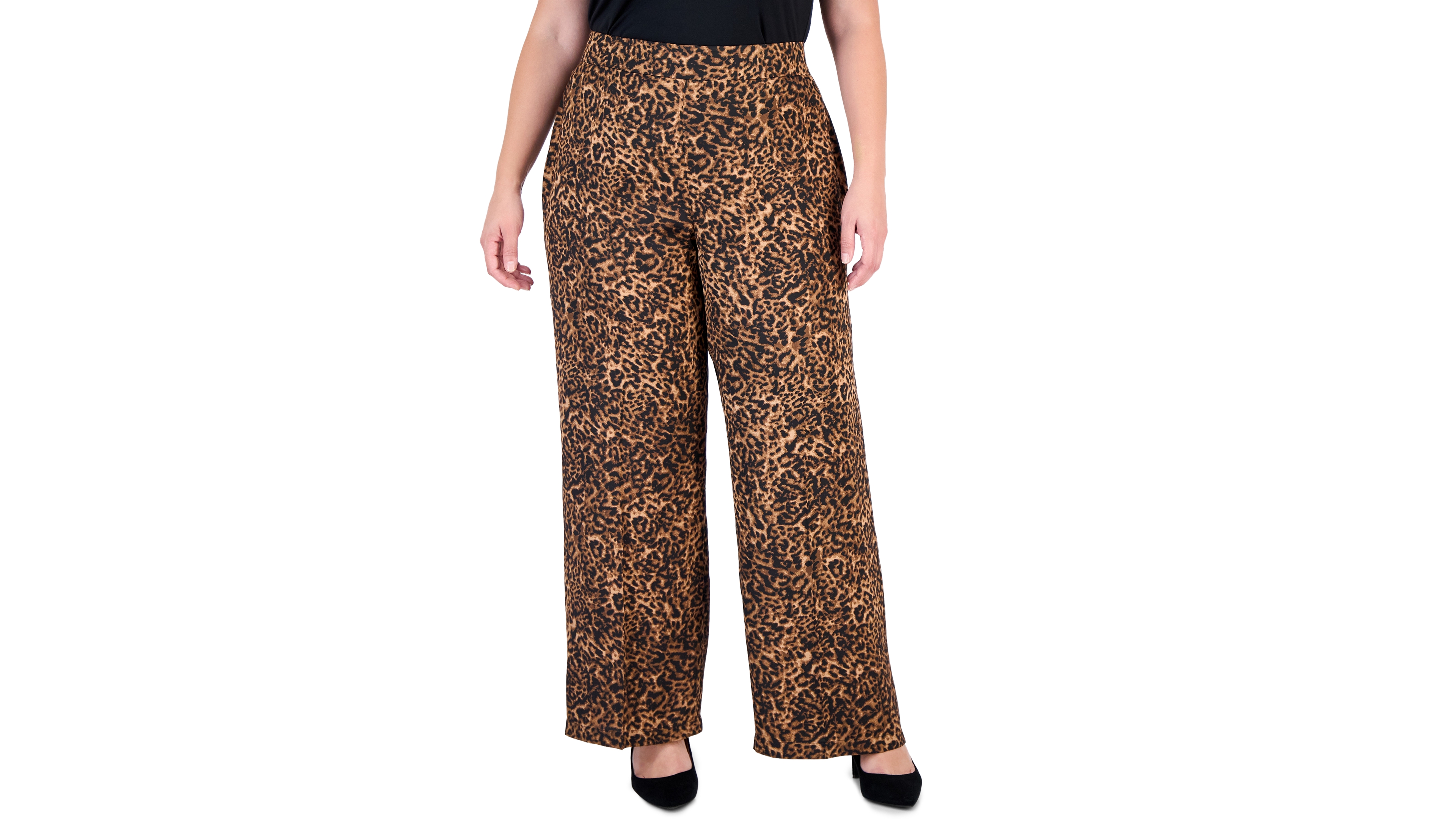 Tahari Plus Animal-Print Wide-Leg Side-Seam Zipper Pants
