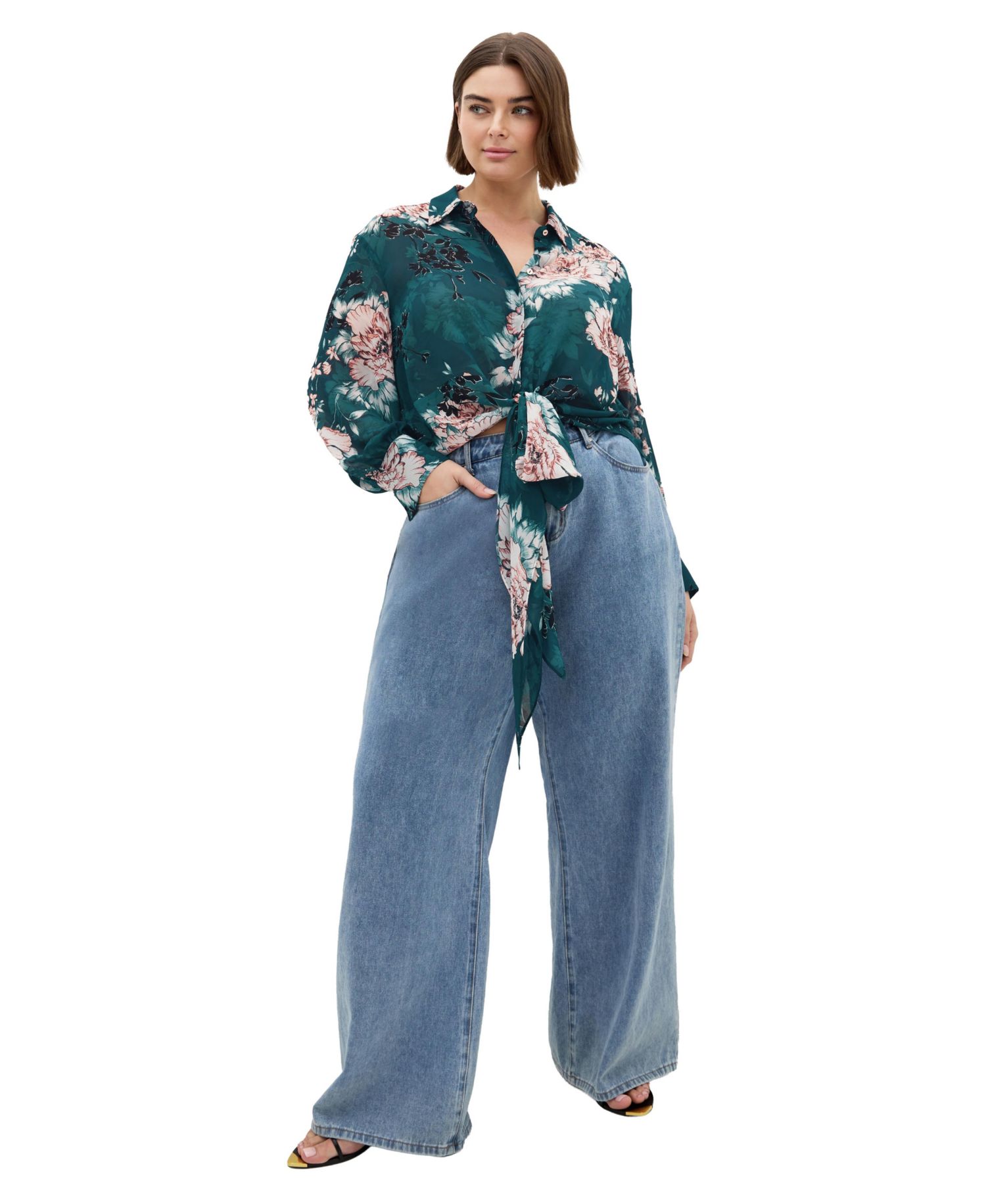 Plus Size Janine Collared Long-Sleeve Tie-Front Blouse